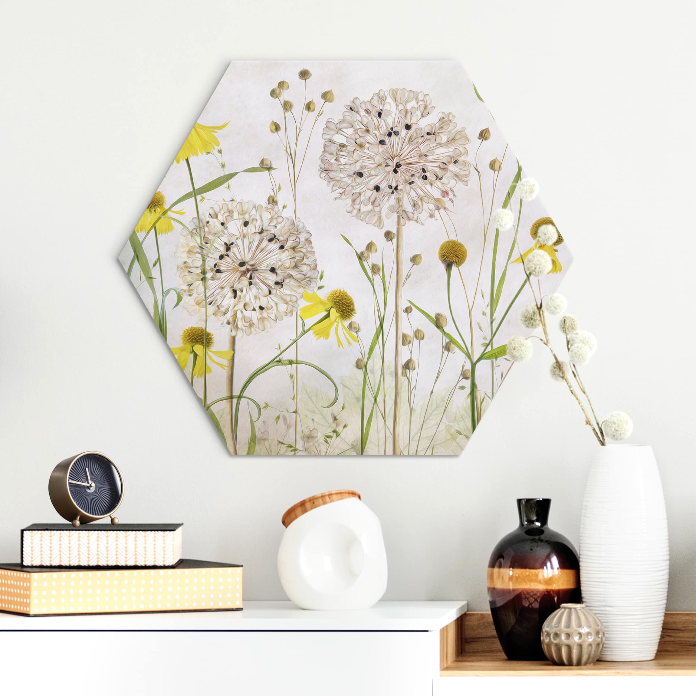 Hexagon-Alu-Dibond Bild Allium und Helenium Illustration