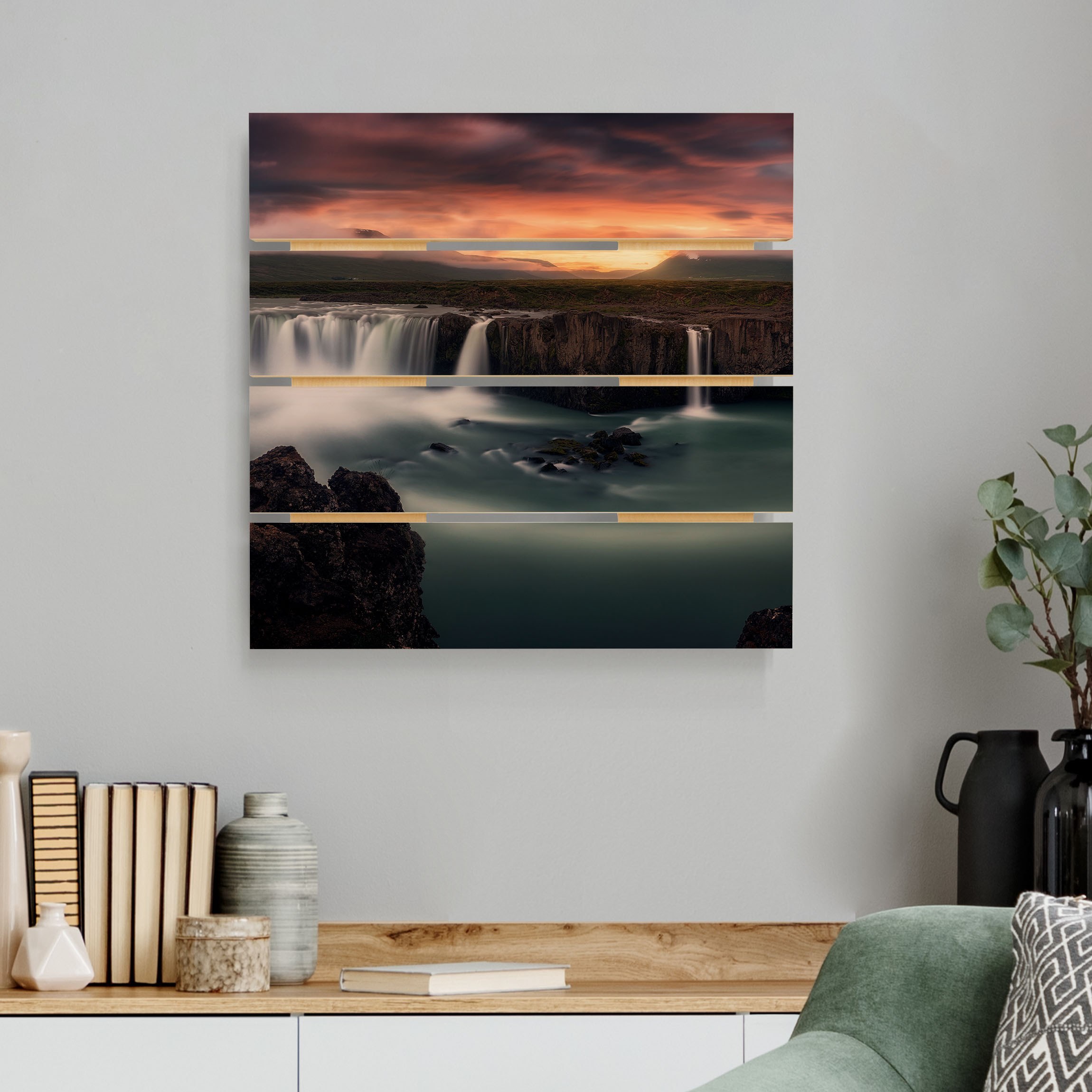 Holzbild Plankenoptik - Quadrat Goðafoss Wasserfall in Island