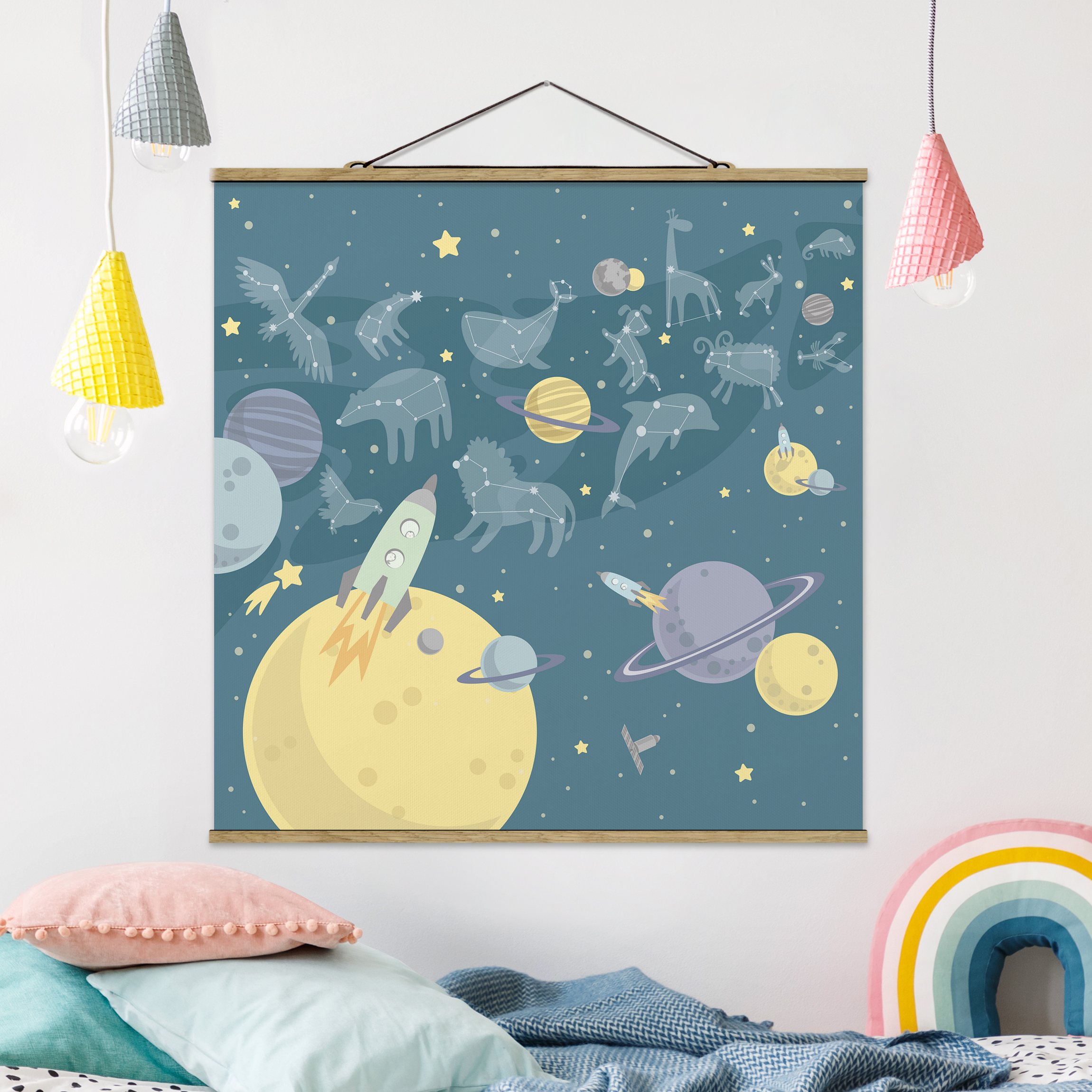 Stoffbild mit Posterleisten Planeten mit Sternzeichen und Raketen