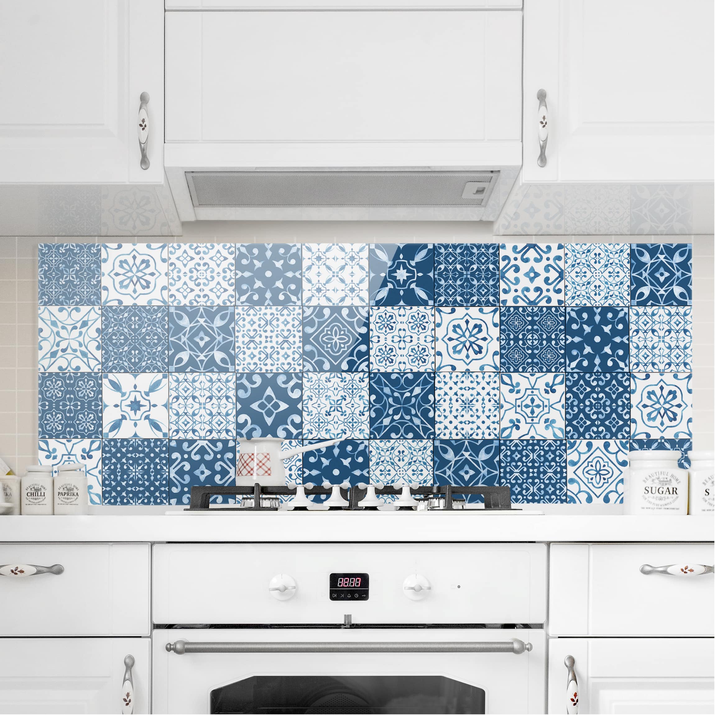 Glas Spritzschutz - Panorama Fliesen Mustermix Blau Weiß