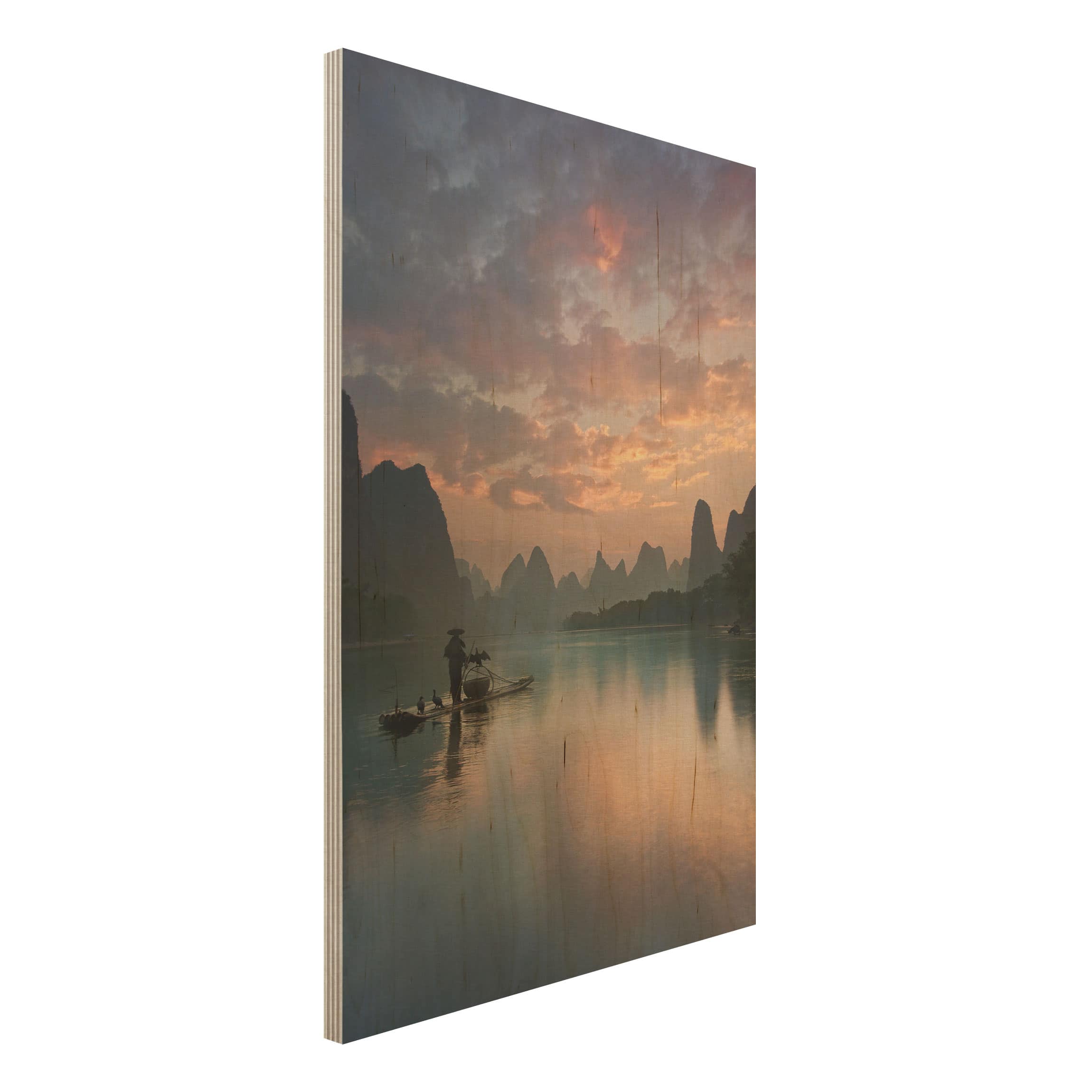 Holzbild - Hochformat 2:3 Sonnenaufgang über chinesischem Fluss