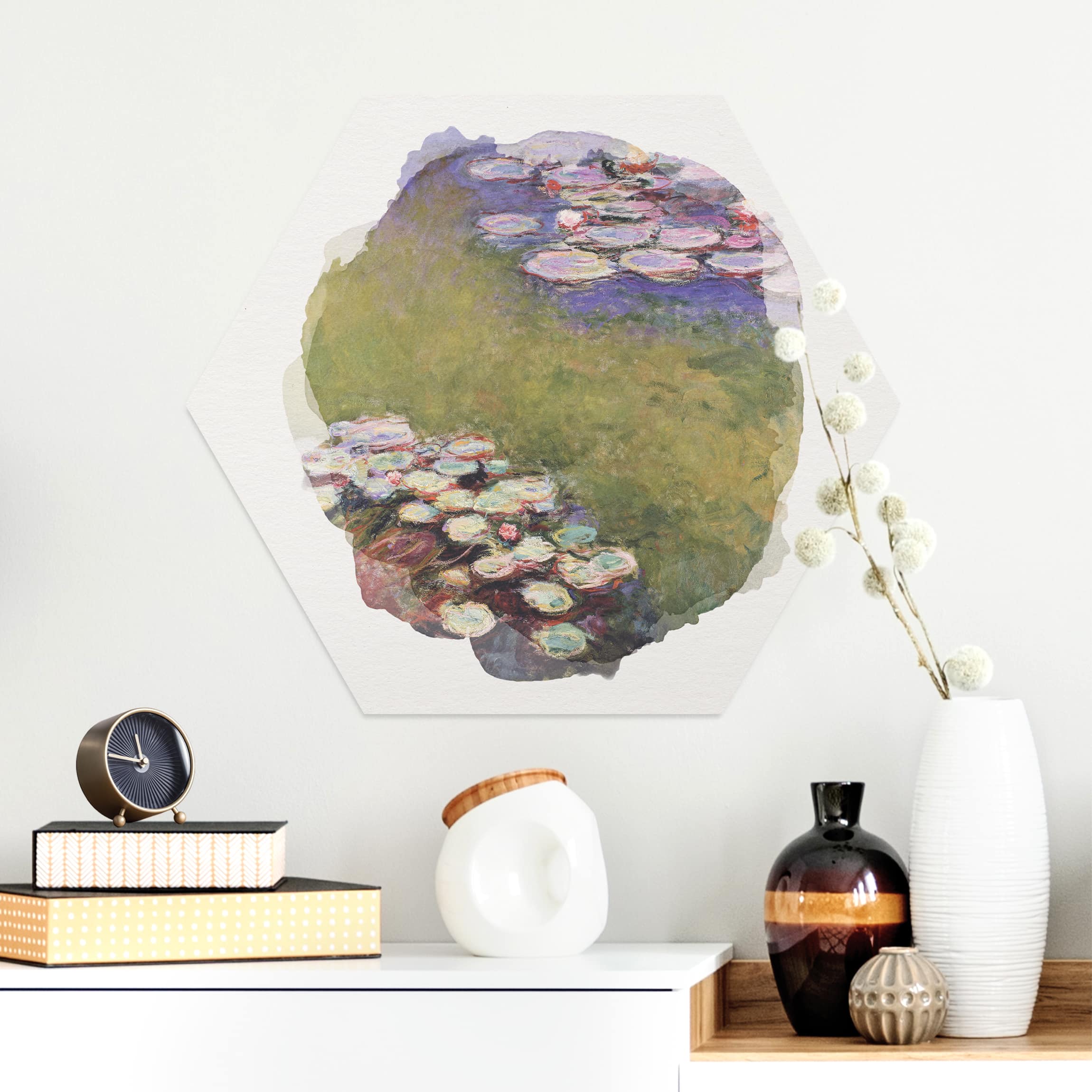 Hexagon-Alu-Dibond Bild Wasserfarben - Claude Monet - Seerosen