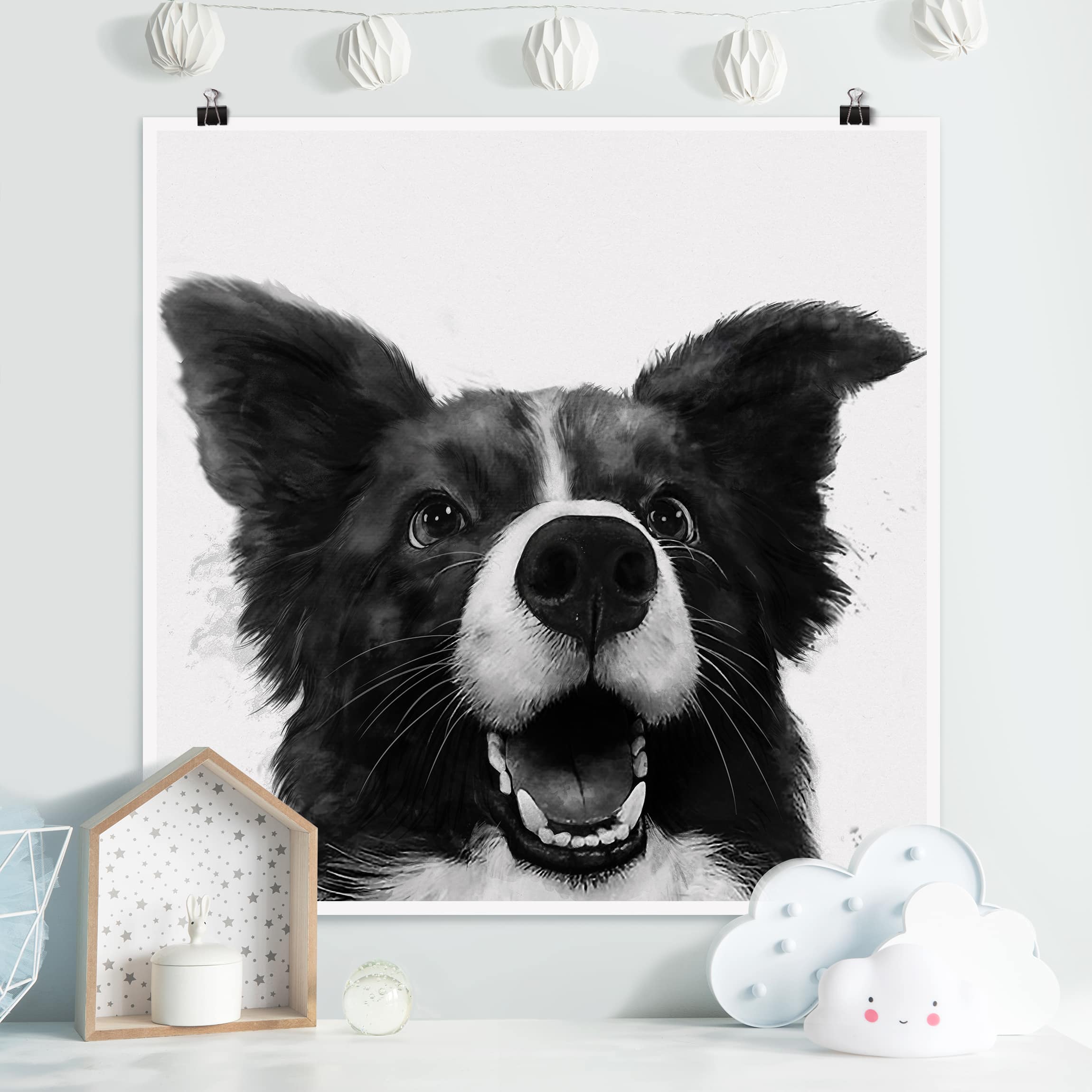 Poster - Quadrat Illustration Hund Border Collie Schwarz Weiß Malerei