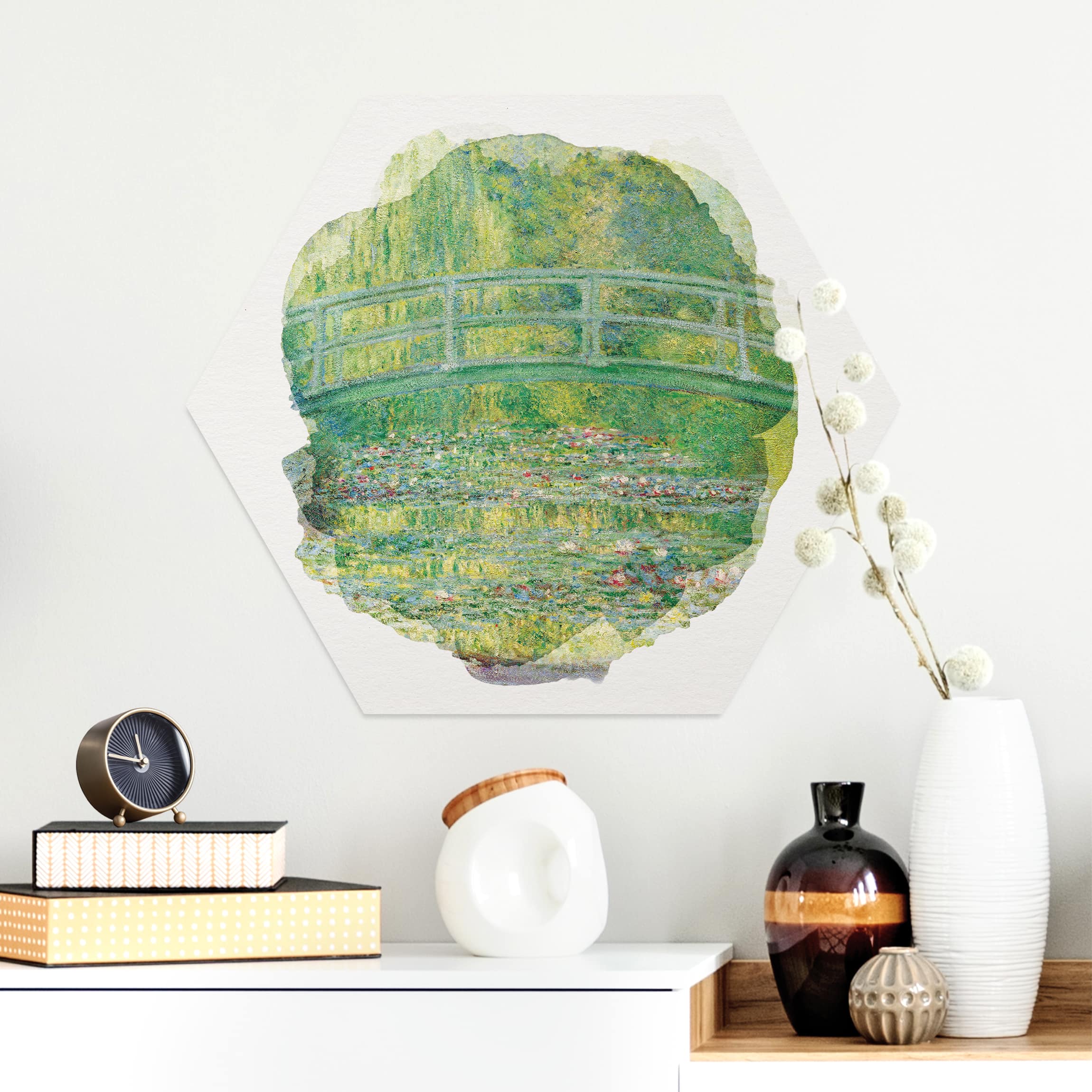 Hexagon-Alu-Dibond Bild Wasserfarben - Claude Monet - Japanische Brücke