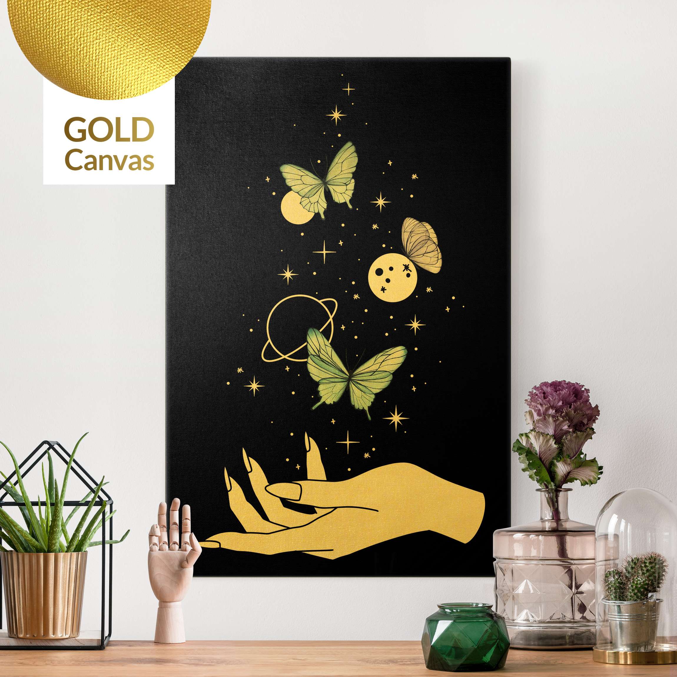 Leinwandbild Zaubernde Hand - Schmetterlinge und Planeten