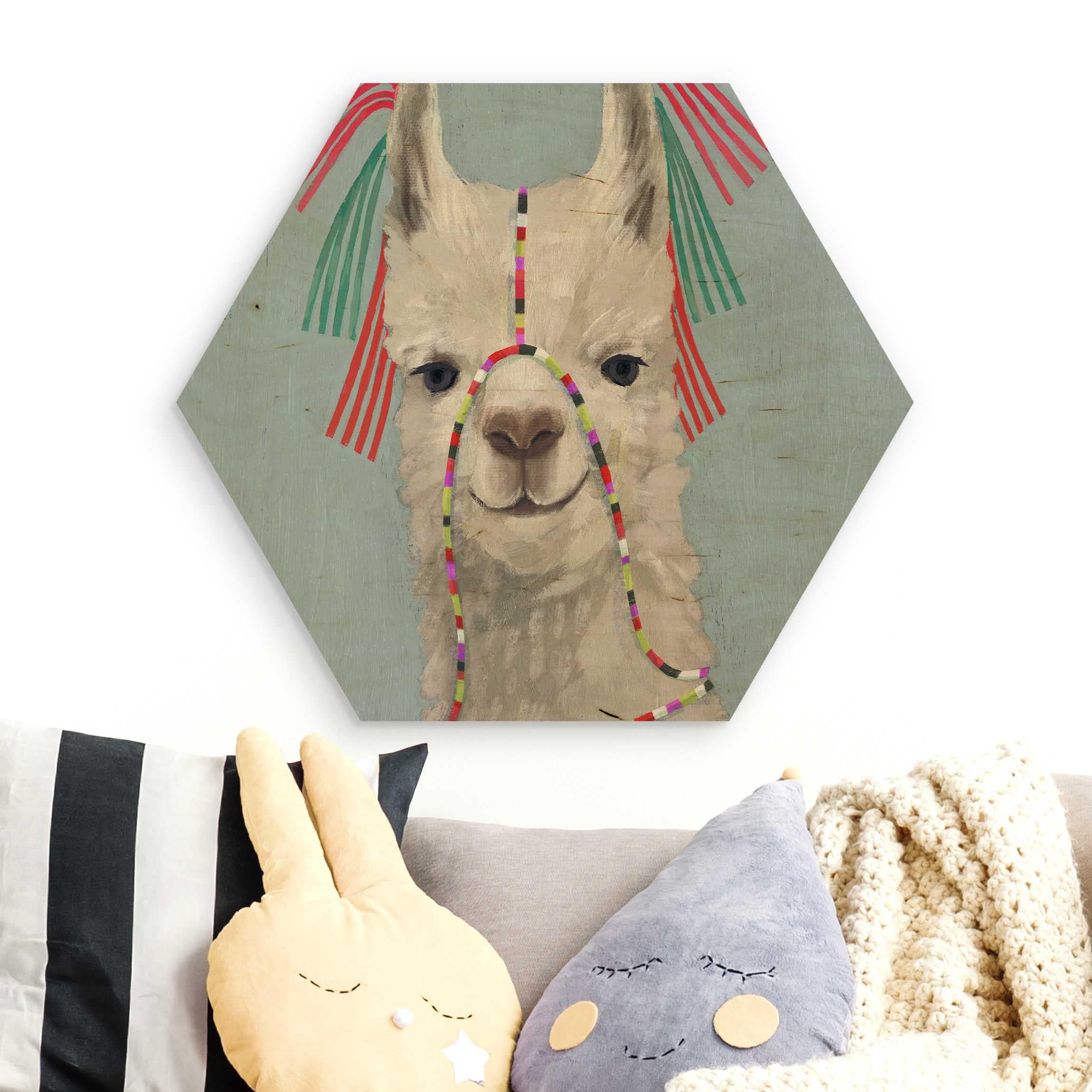 Hexagon-Holzbild Lama mit Schmuck II