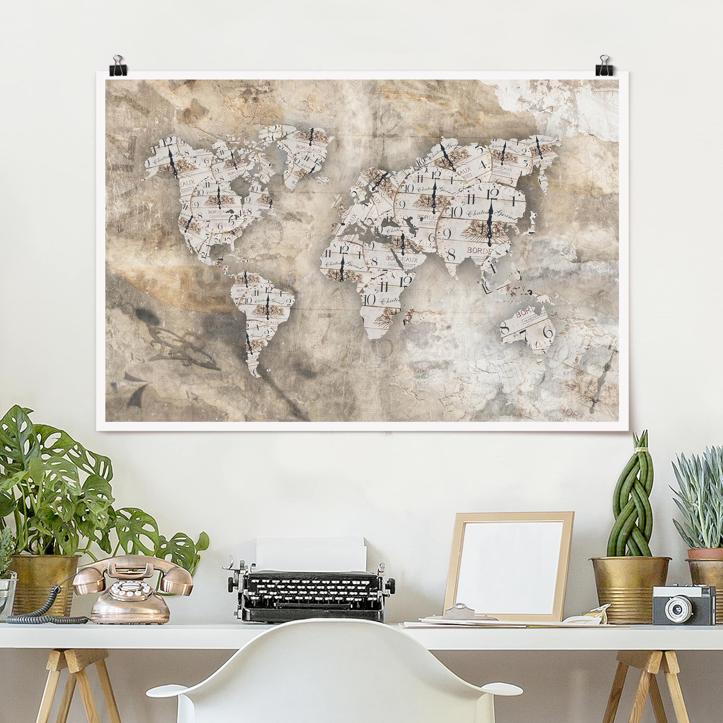Poster - Querformat Shabby Uhren Weltkarte