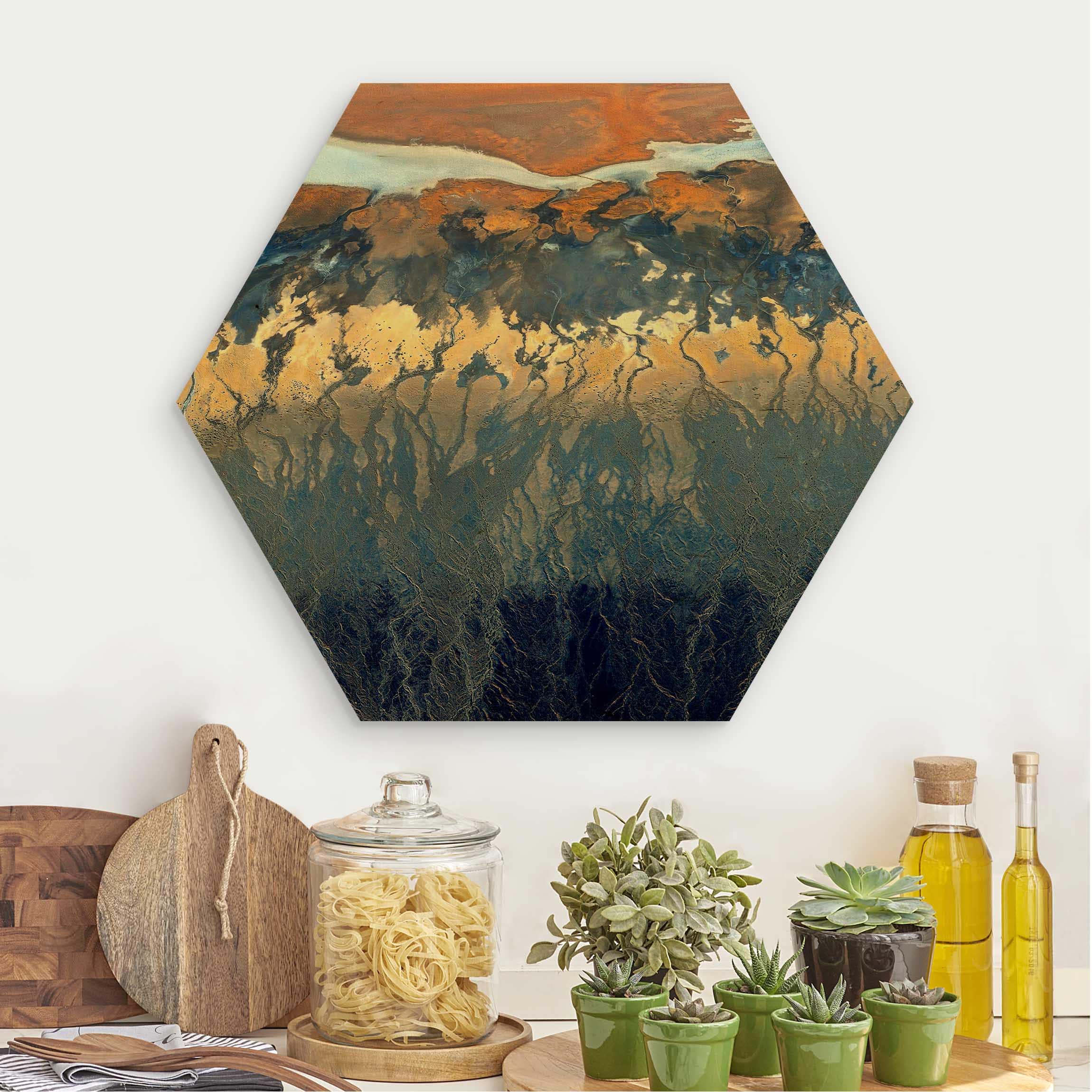 Hexagon-Holzbild Kalifornien aus der Luft