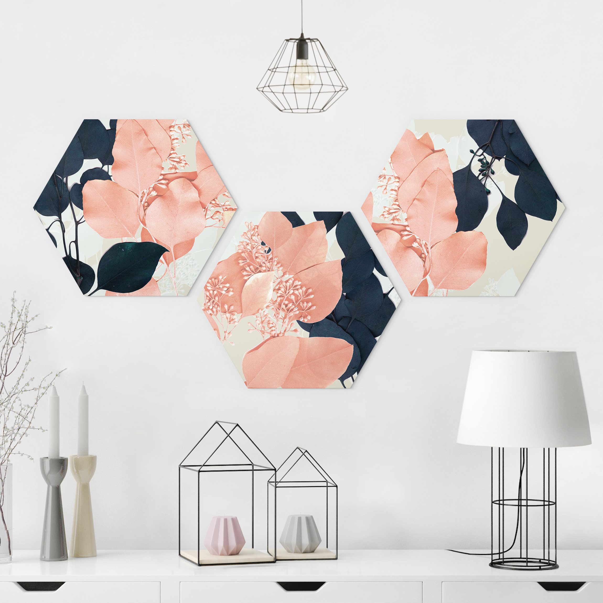 3-teiliges Hexagon-Alu-Dibond Bild Blätter Indigo & Rouge Set I