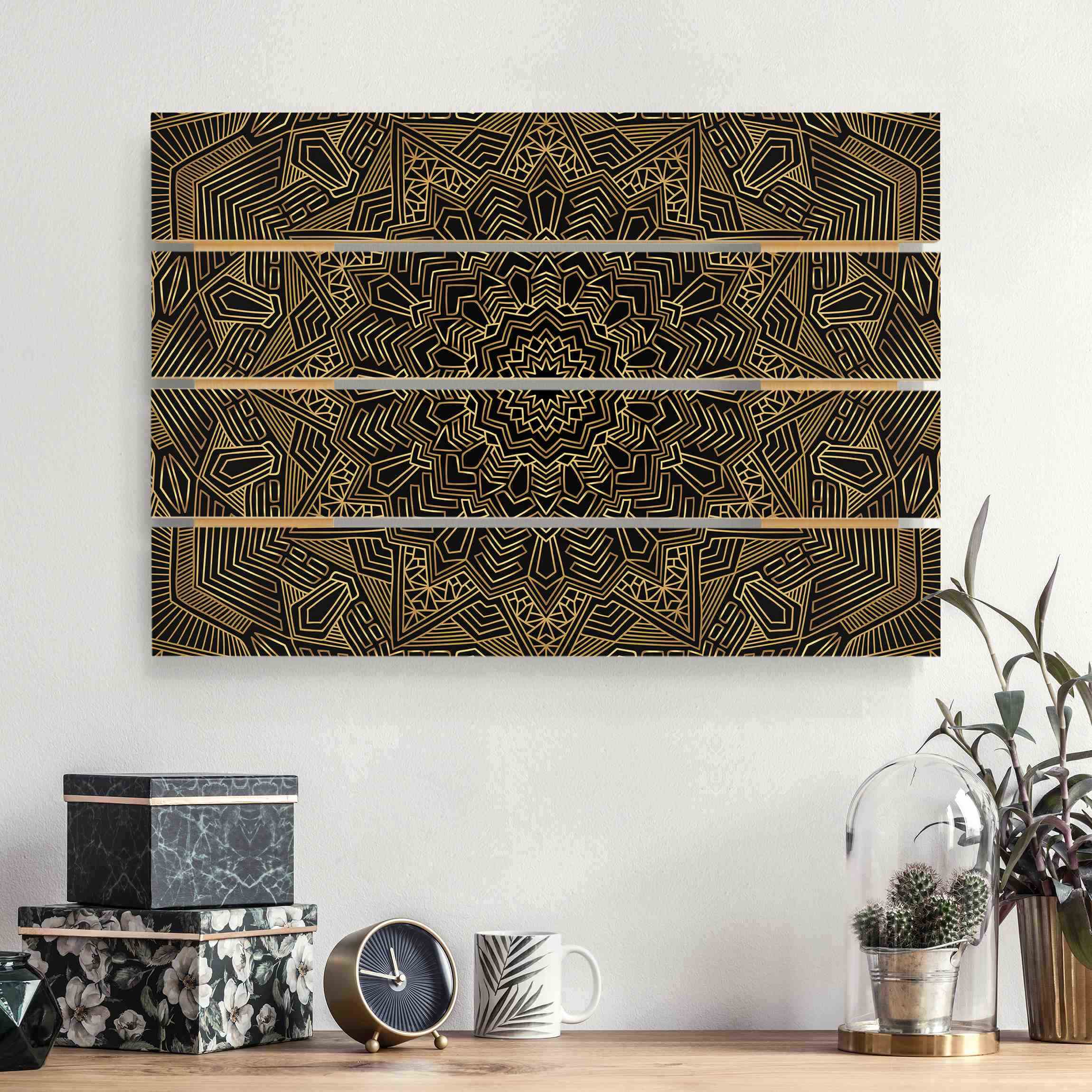 Holzbild Plankenoptik Mandala Stern Muster gold schwarz