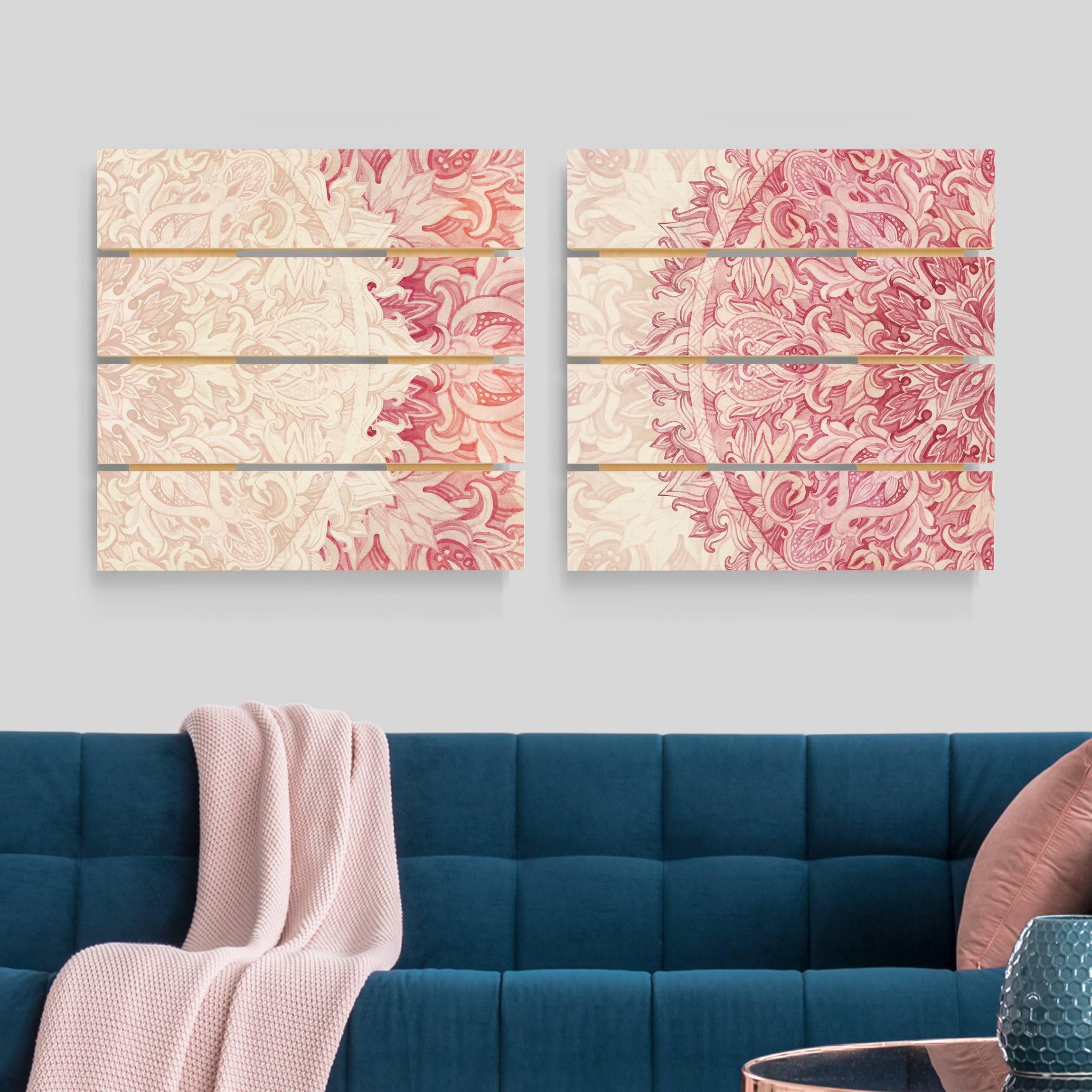 2-teiliges Holzbild Plankenoptik - Quadrat Mandala Aquarell Ornament Set beige pink