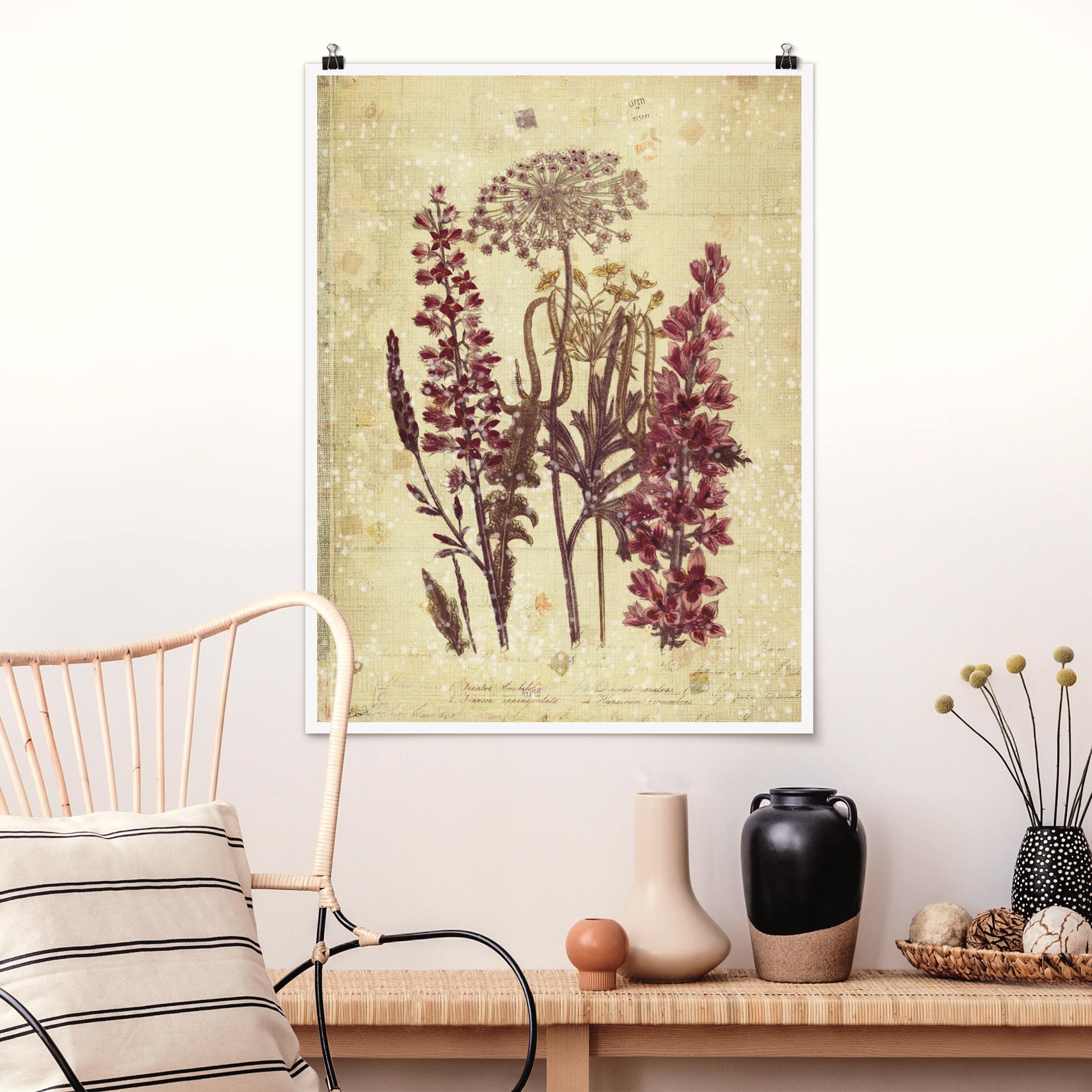 Poster - Hochformat Vintage Leinenoptik Blumen