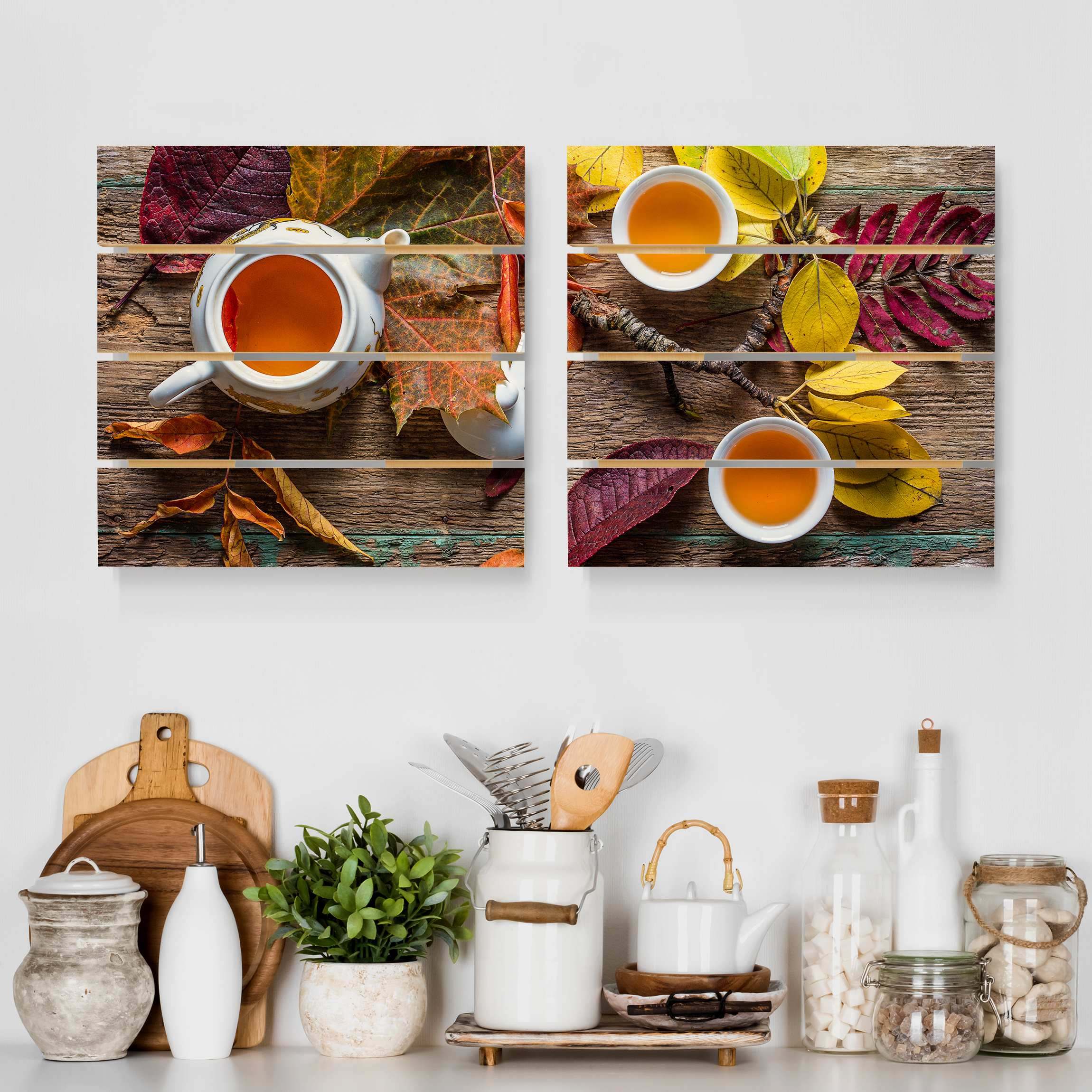 2-teiliges Holzbild Plankenoptik Tee im September
