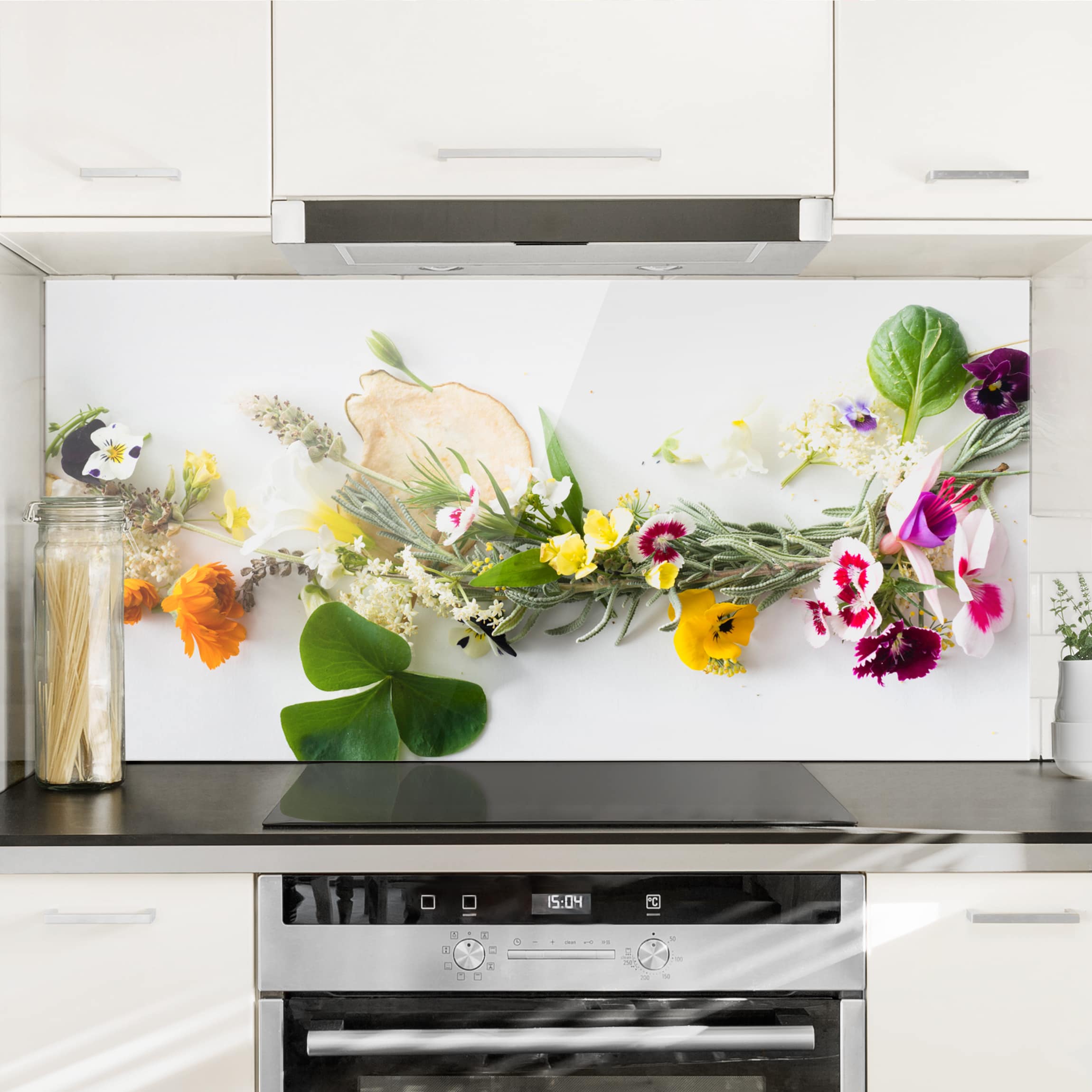 Glas Spritzschutz - Querformat 2:1 Frische Kräuter mit Essblüten