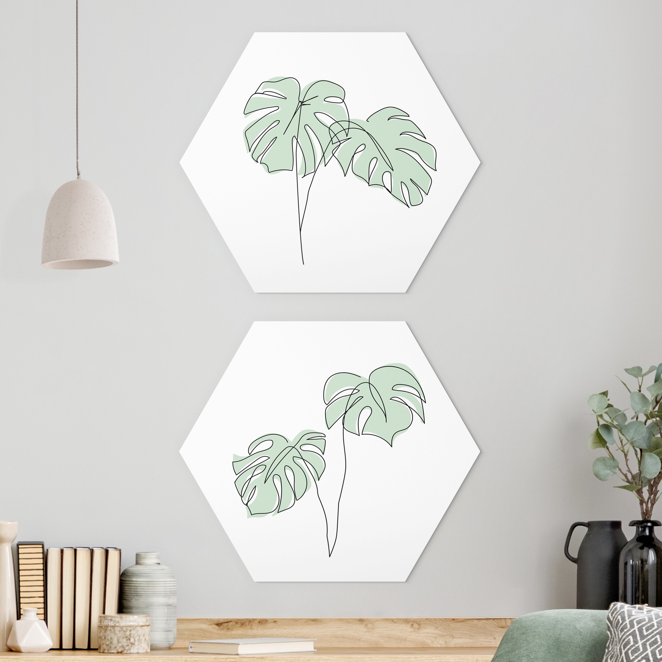 2-teiliges Hexagon-Alu-Dibond Bild Monstera Blätter Line Art Set