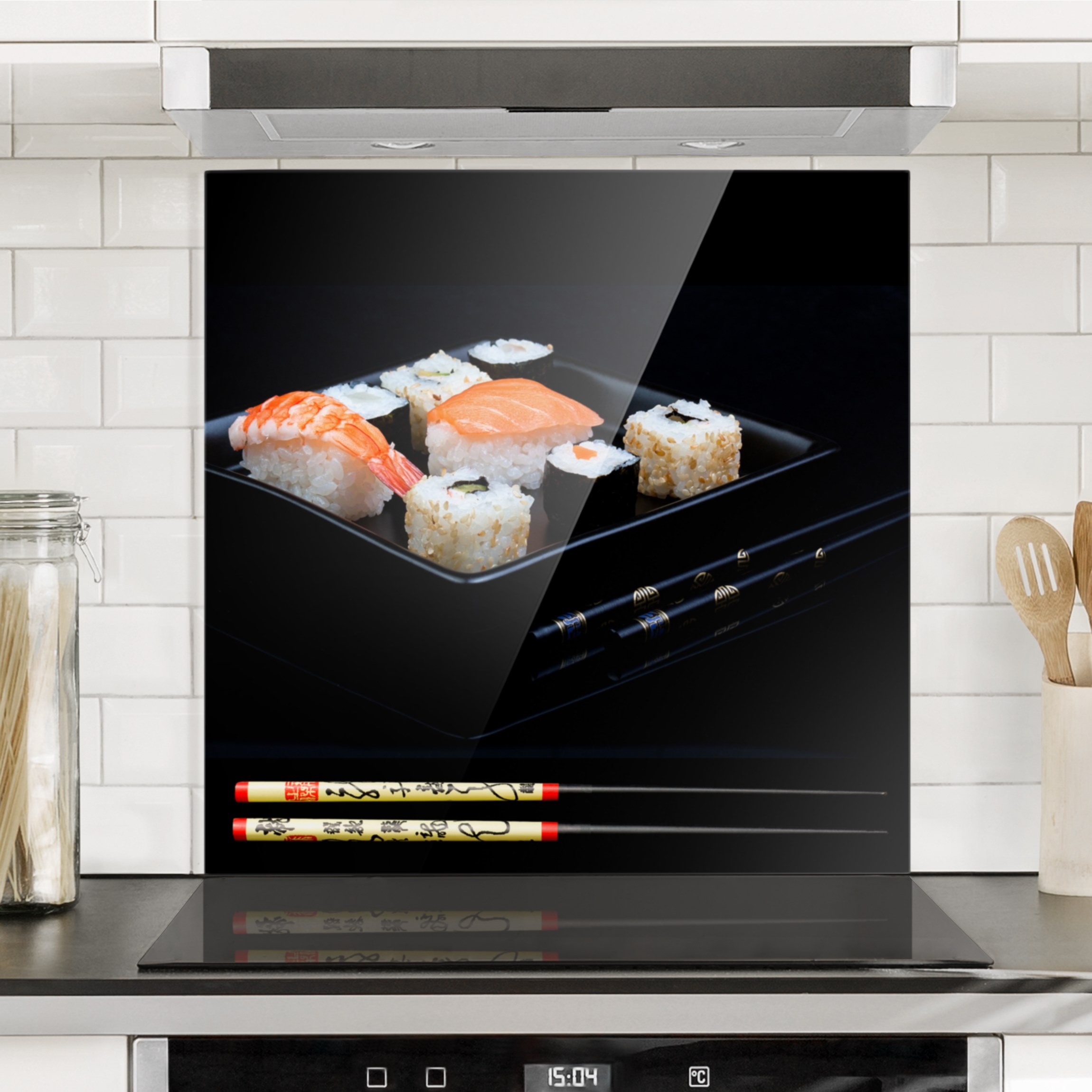 Glas Spritzschutz Sushiteller mit Stäbchen Schwarz