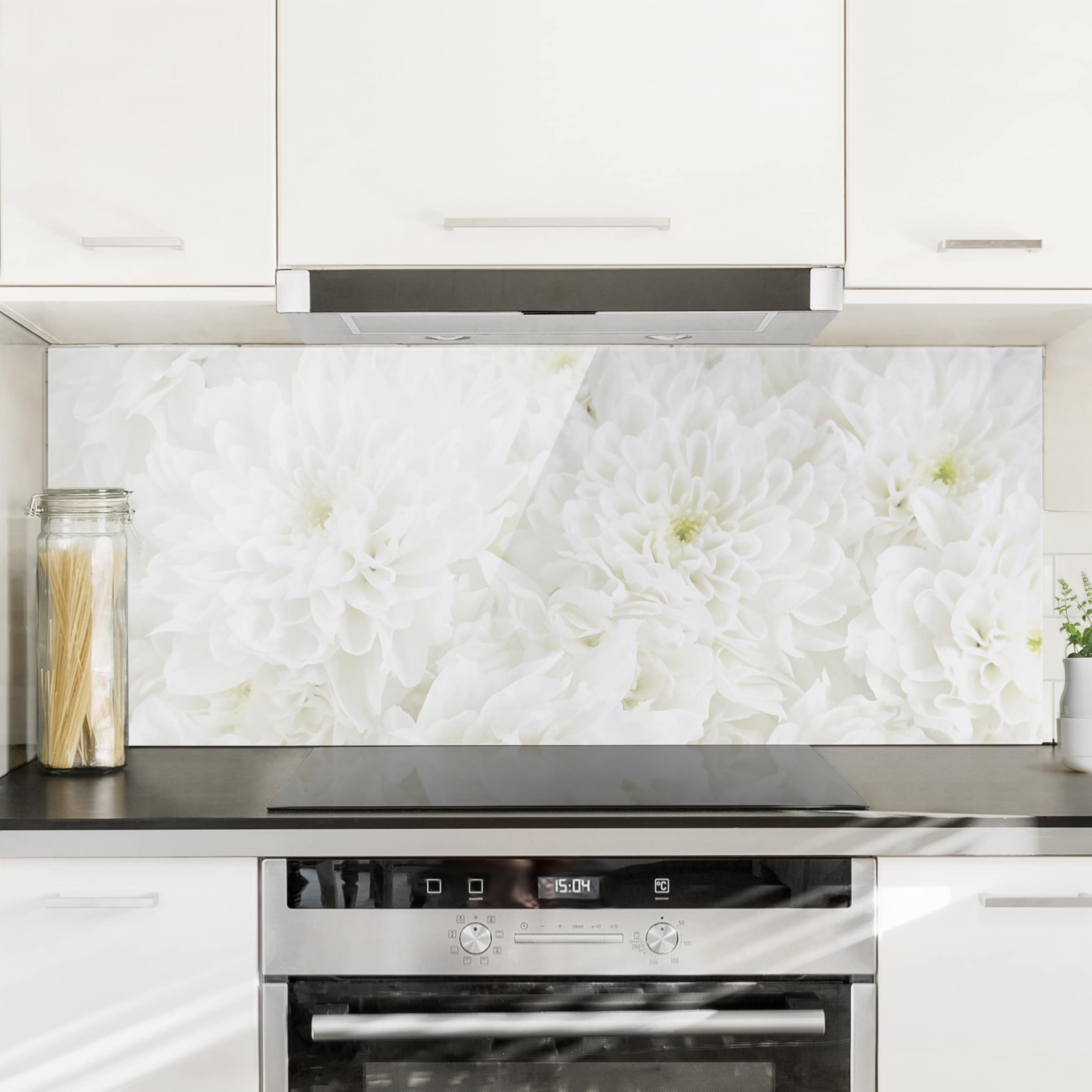 Glas Spritzschutz Dahlien Blumenmeer weiß