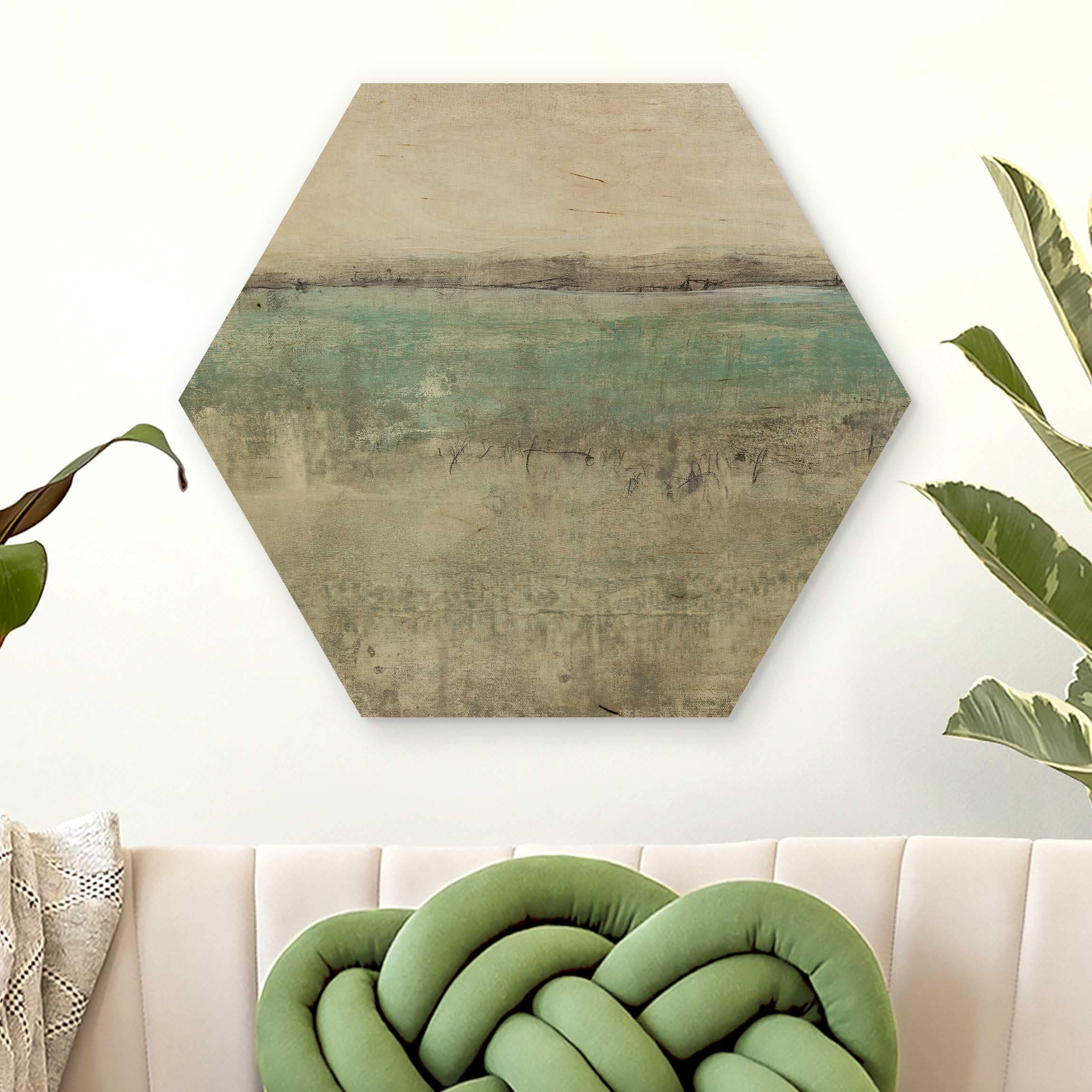 Hexagon-Holzbild Horizont über Türkis I
