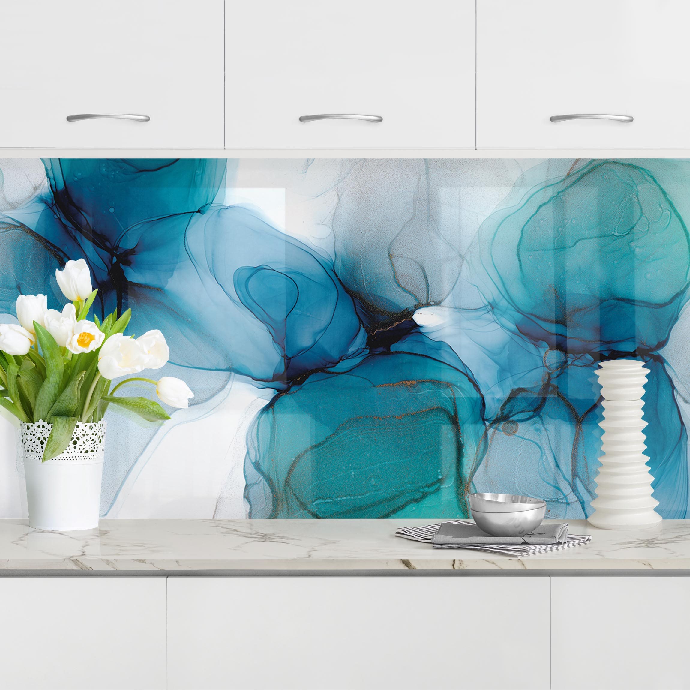 Küchenrückwand Wilde Blüten in Blau und Gold