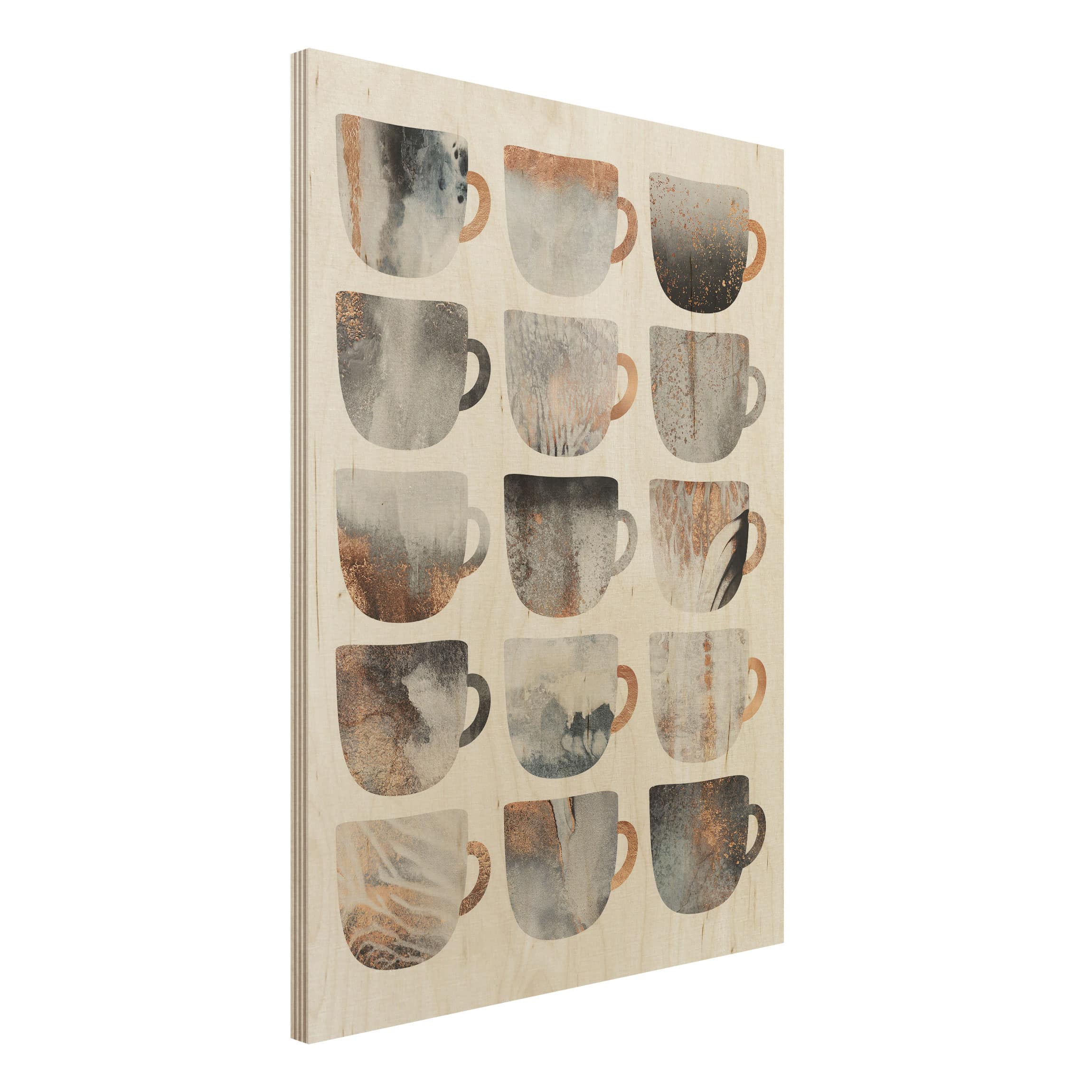 Holzbild - Hochformat 3:4 Graue Kaffeetassen mit Gold