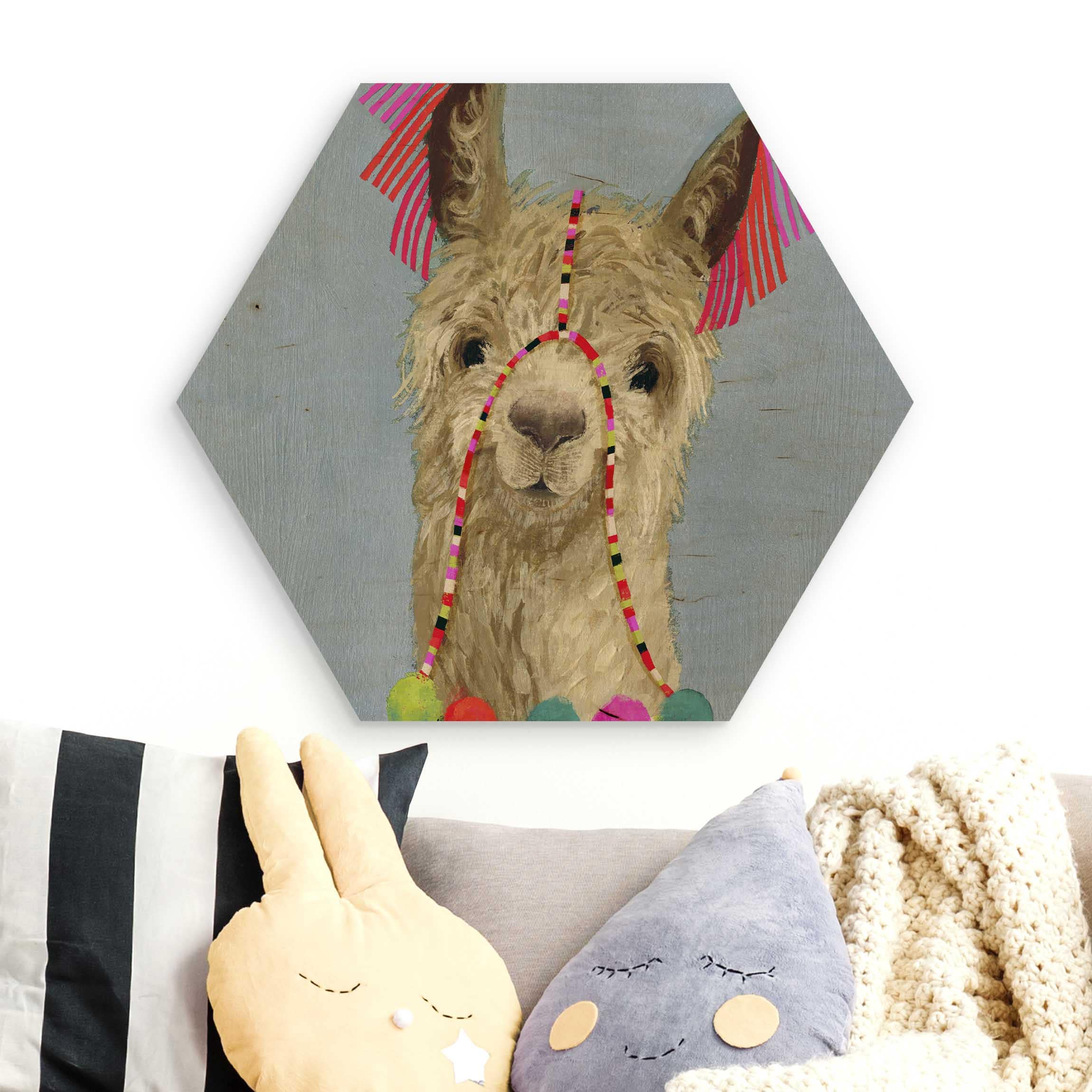 Hexagon-Holzbild Lama mit Schmuck IV