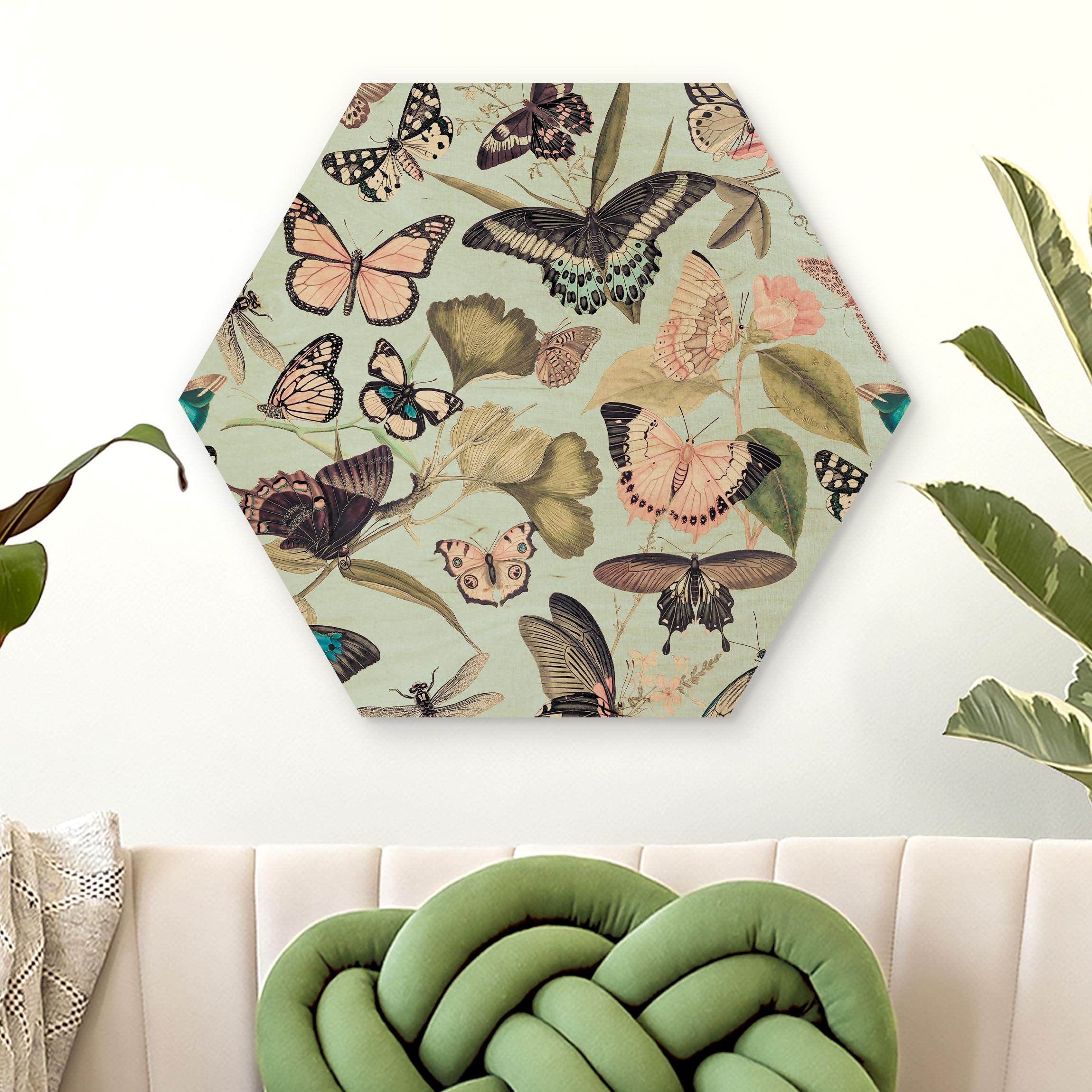 Hexagon-Holzbild Vintage Collage - Schmetterlinge und Libellen