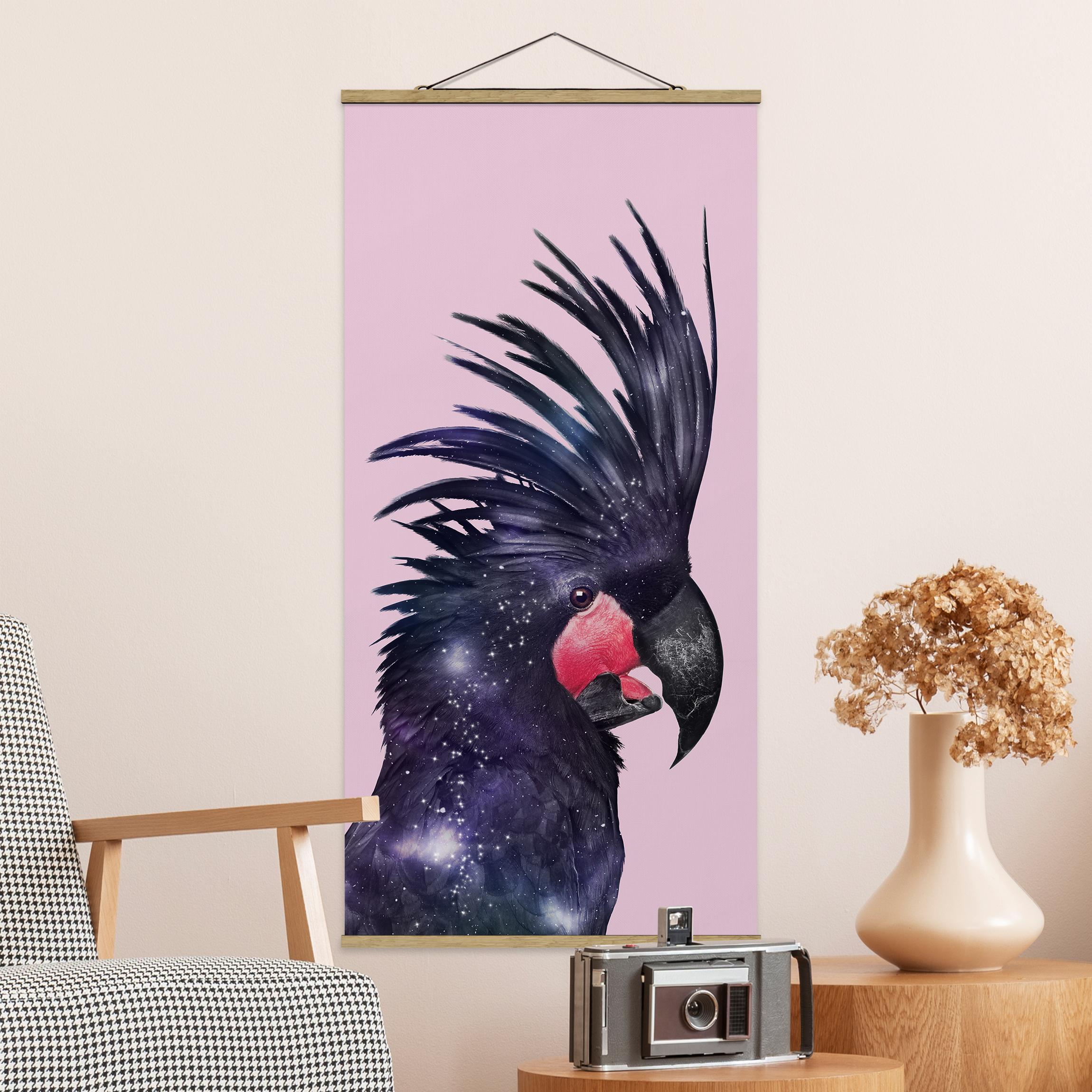 Stoffbild mit Posterleisten Kakadu mit Galaxie