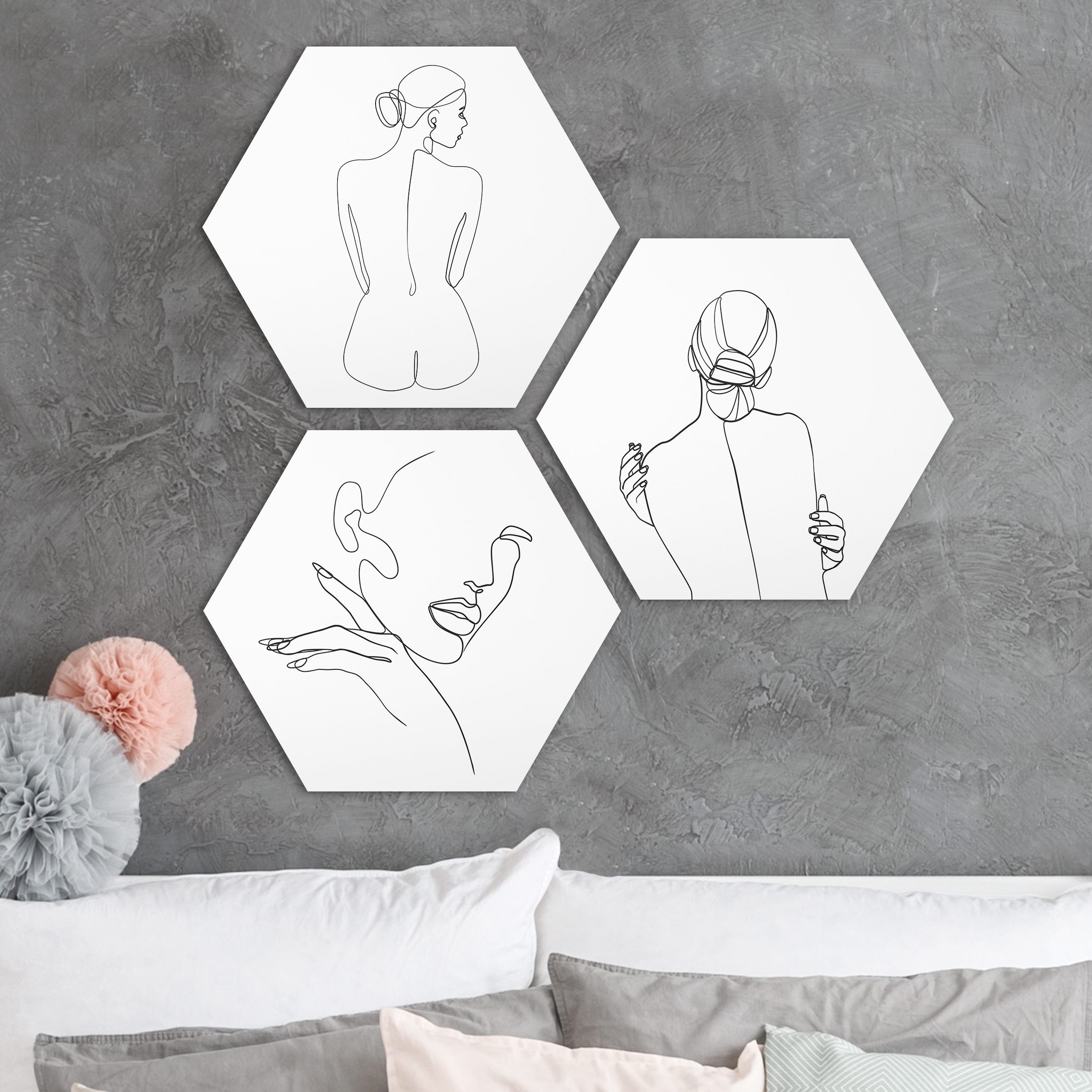 3-teiliges Hexagon-Forexbild Line Art Frauen Akt Schwarz Weiß Set