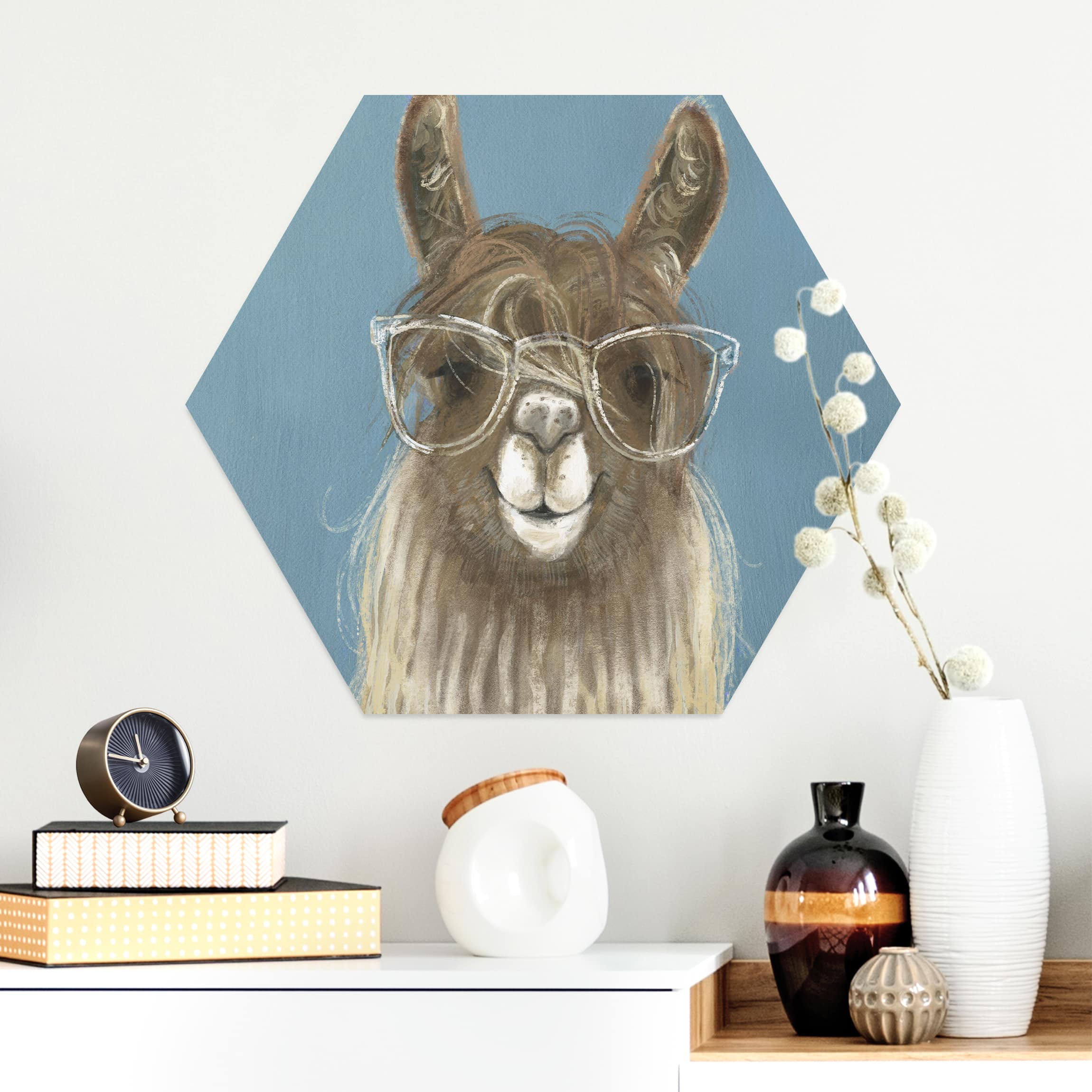 Hexagon-Alu-Dibond Bild Lama mit Brille III
