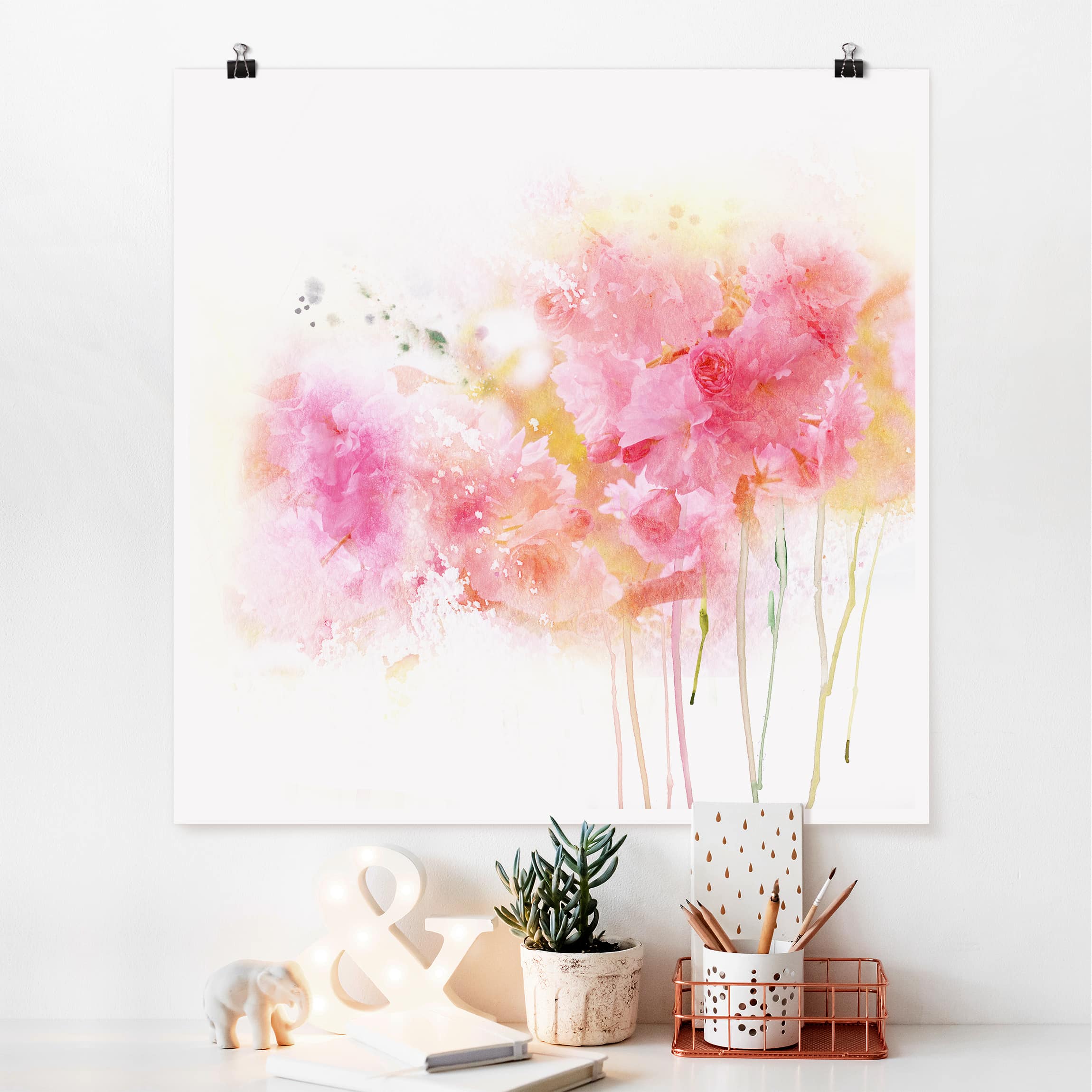 Poster - Quadrat Aquarell Blumen Pfingstrosen