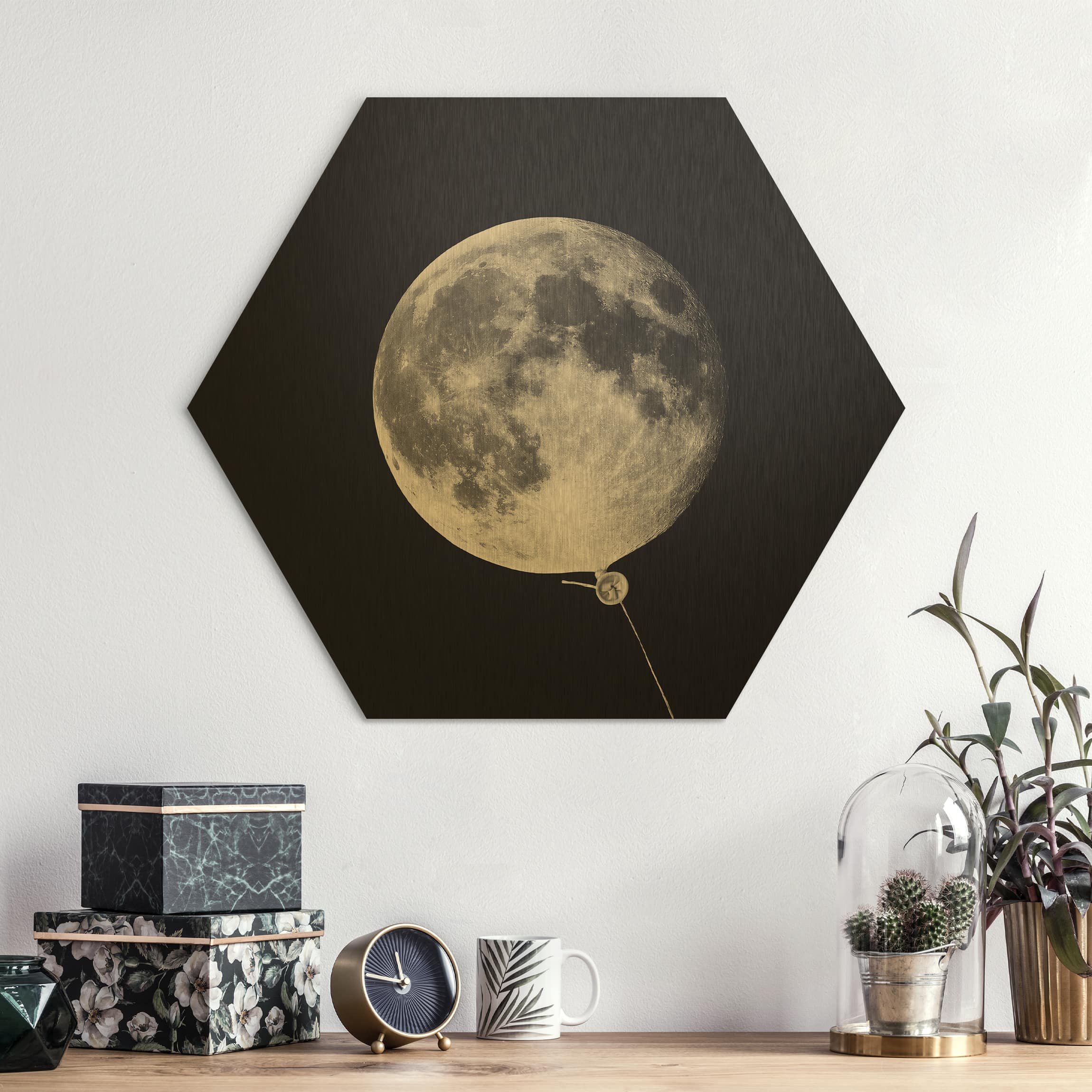 Hexagon-Alu-Dibond Bild Luftballon mit Mond