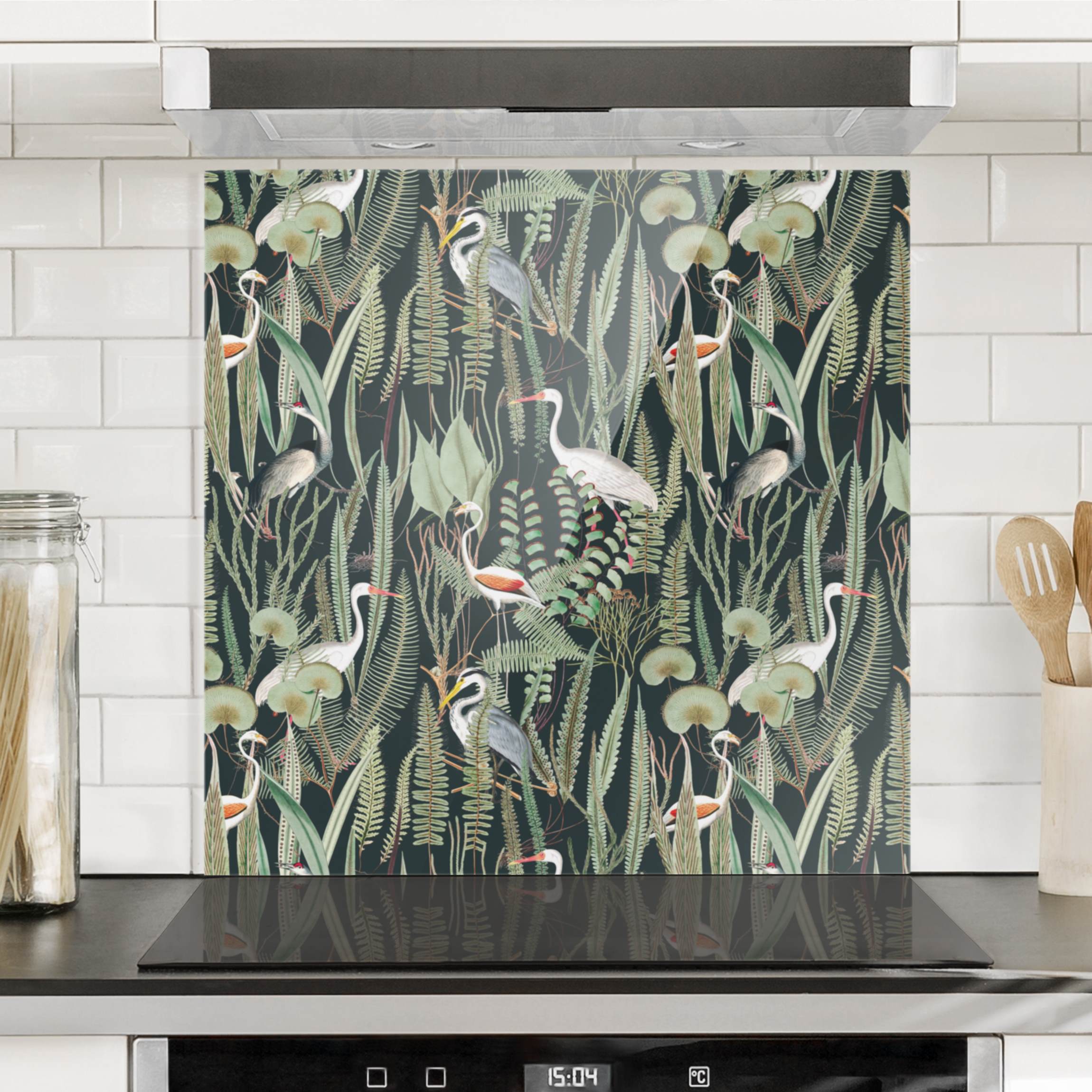 Spritzschutz Flamingos und Störche mit Pflanzen auf Grün