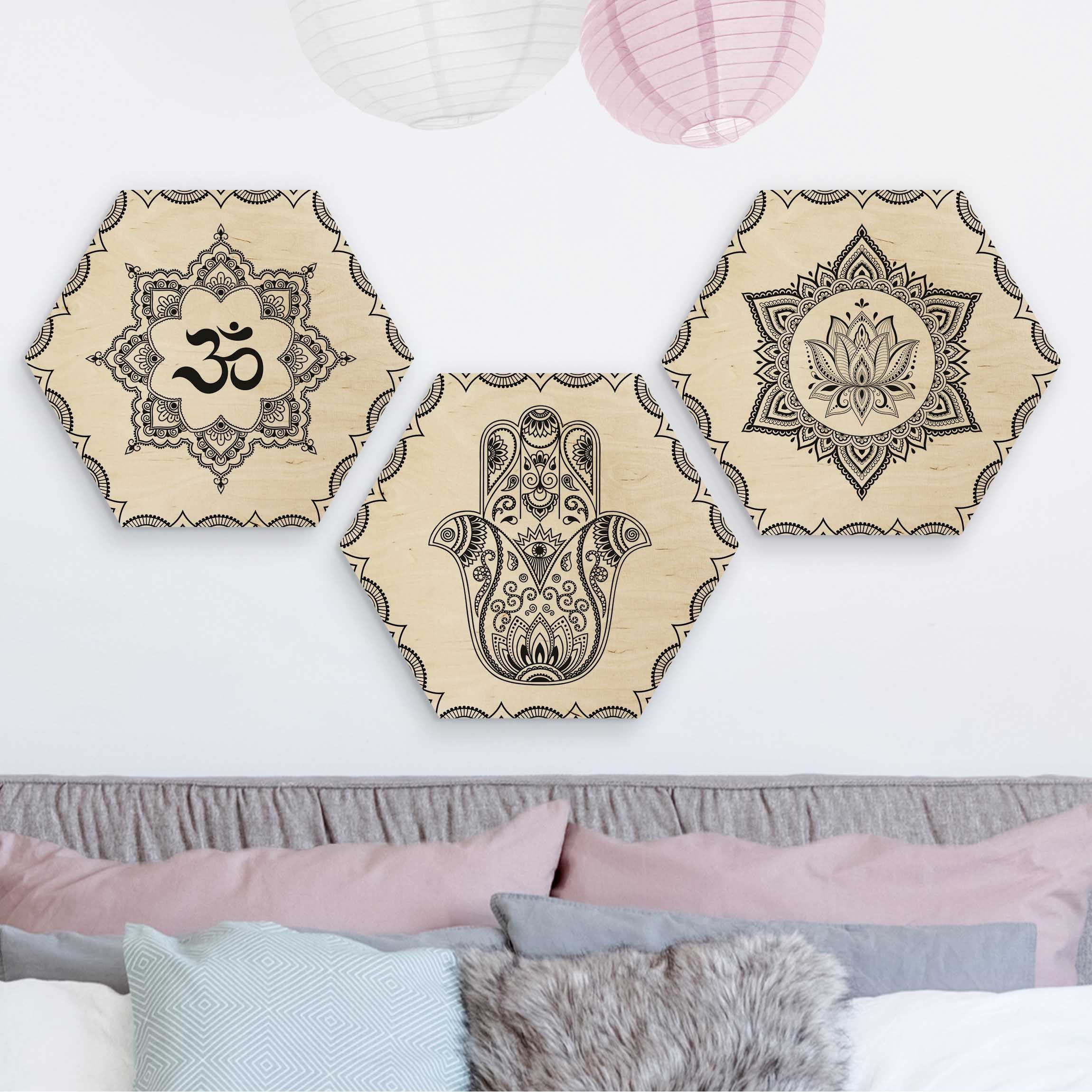 3-teiliges Hexagon-Holzbild Hamsa Hand Lotus OM Illustration Set Schwarz Weiß