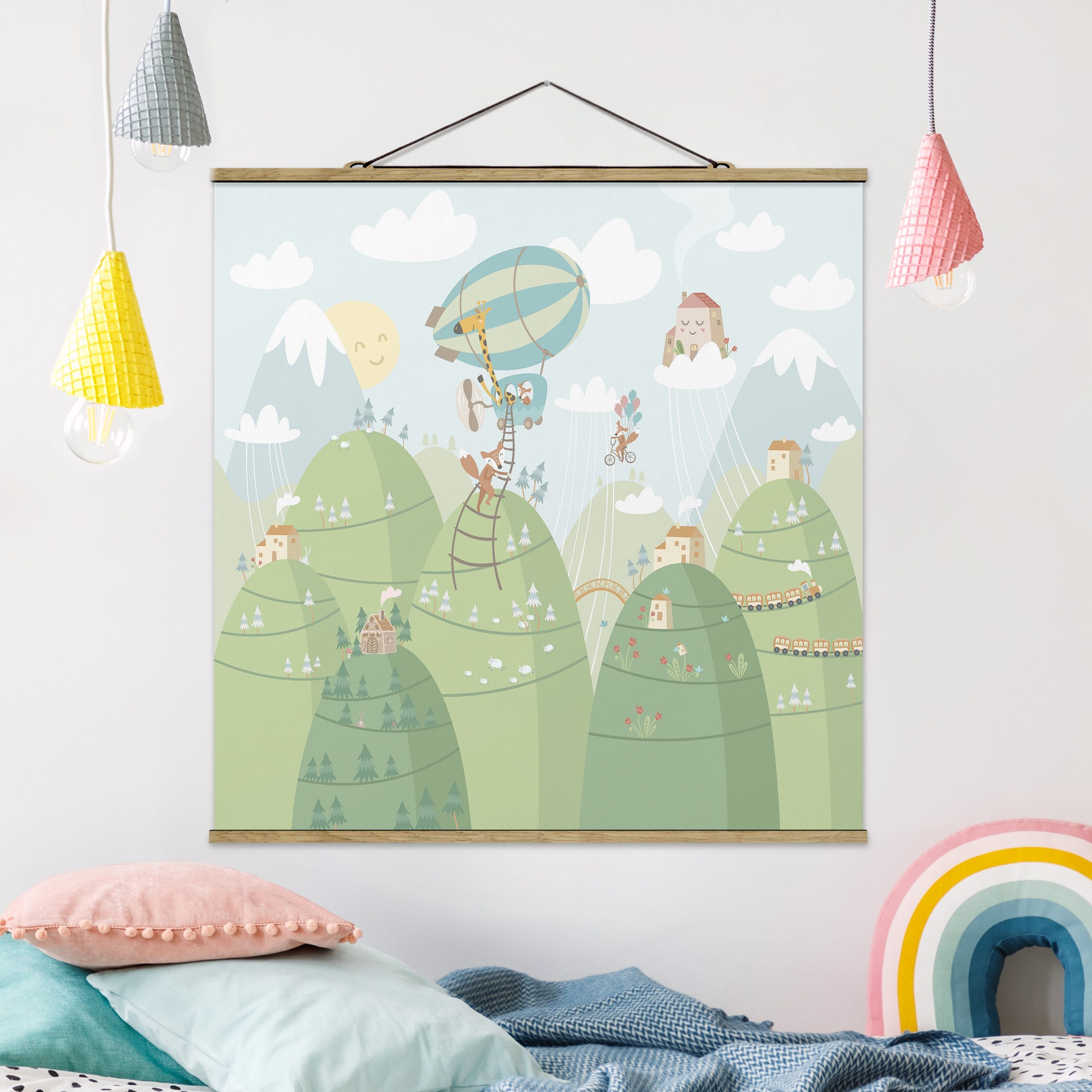 Stoffbild mit Posterleisten Wald mit Häusern und Tieren