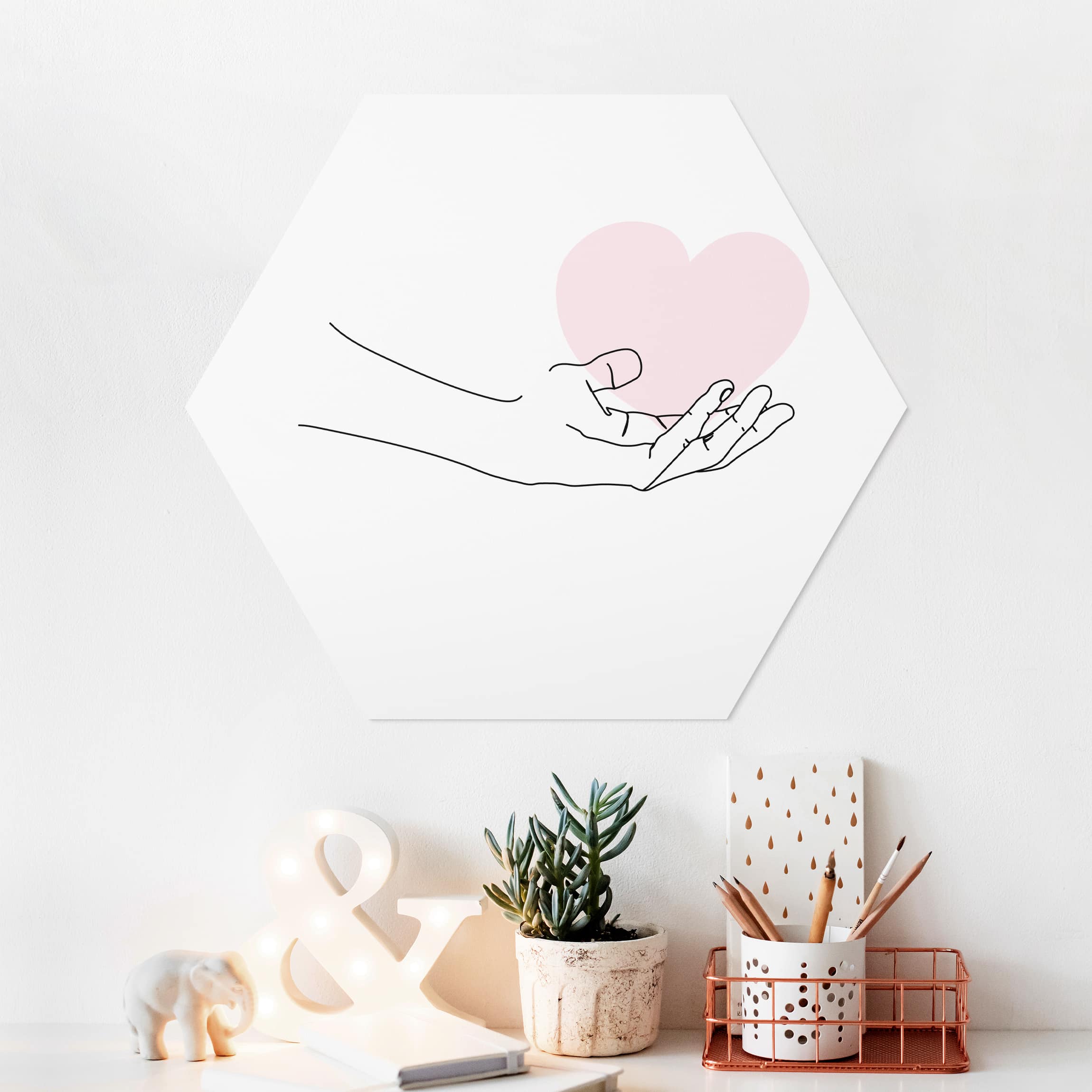 Hexagon-Forexbild Hand mit Herz Line Art