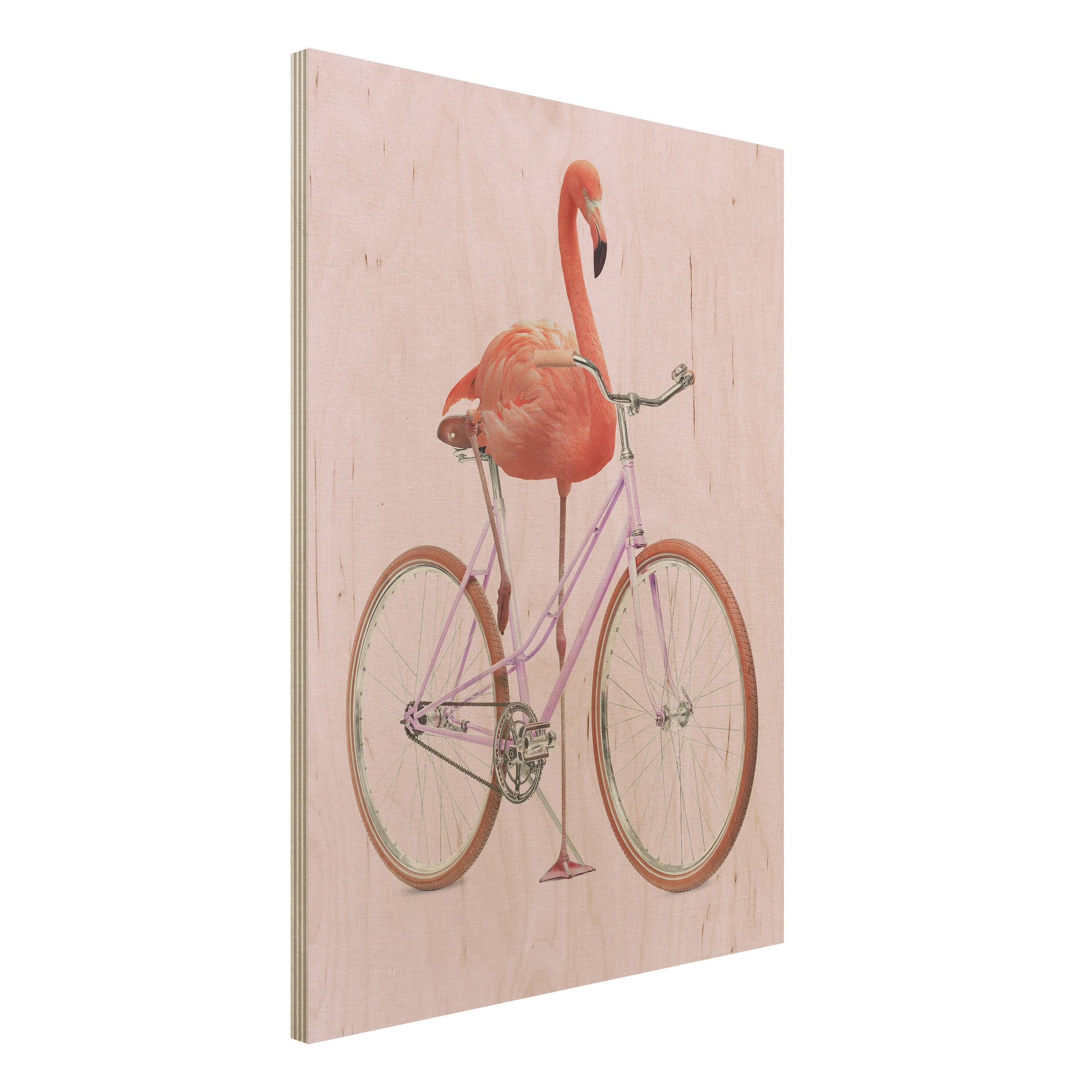 Holzbild - Hochformat 3:4 Flamingo mit Fahrrad