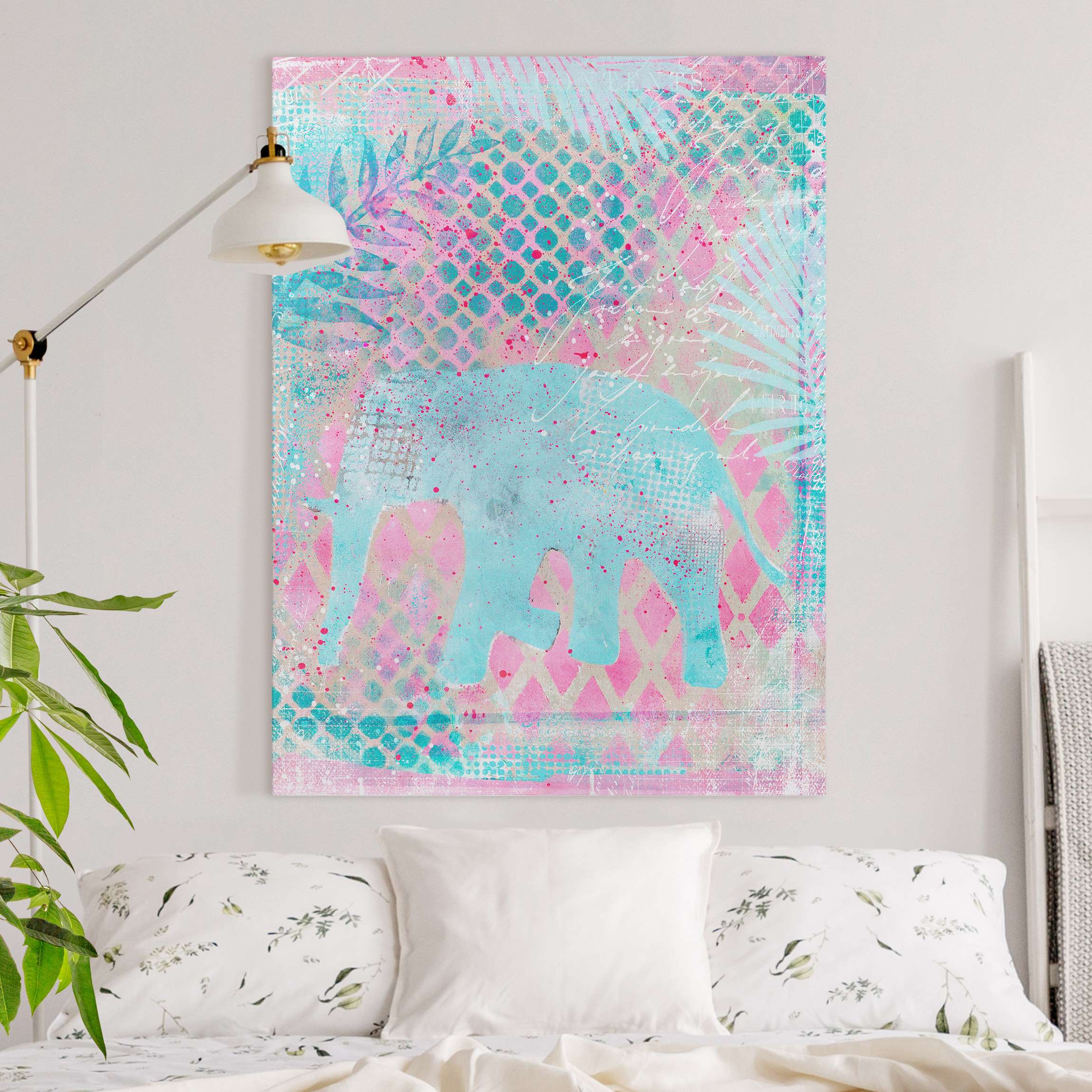 Leinwandbild Bunte Collage - Elefant in Blau und Rosa