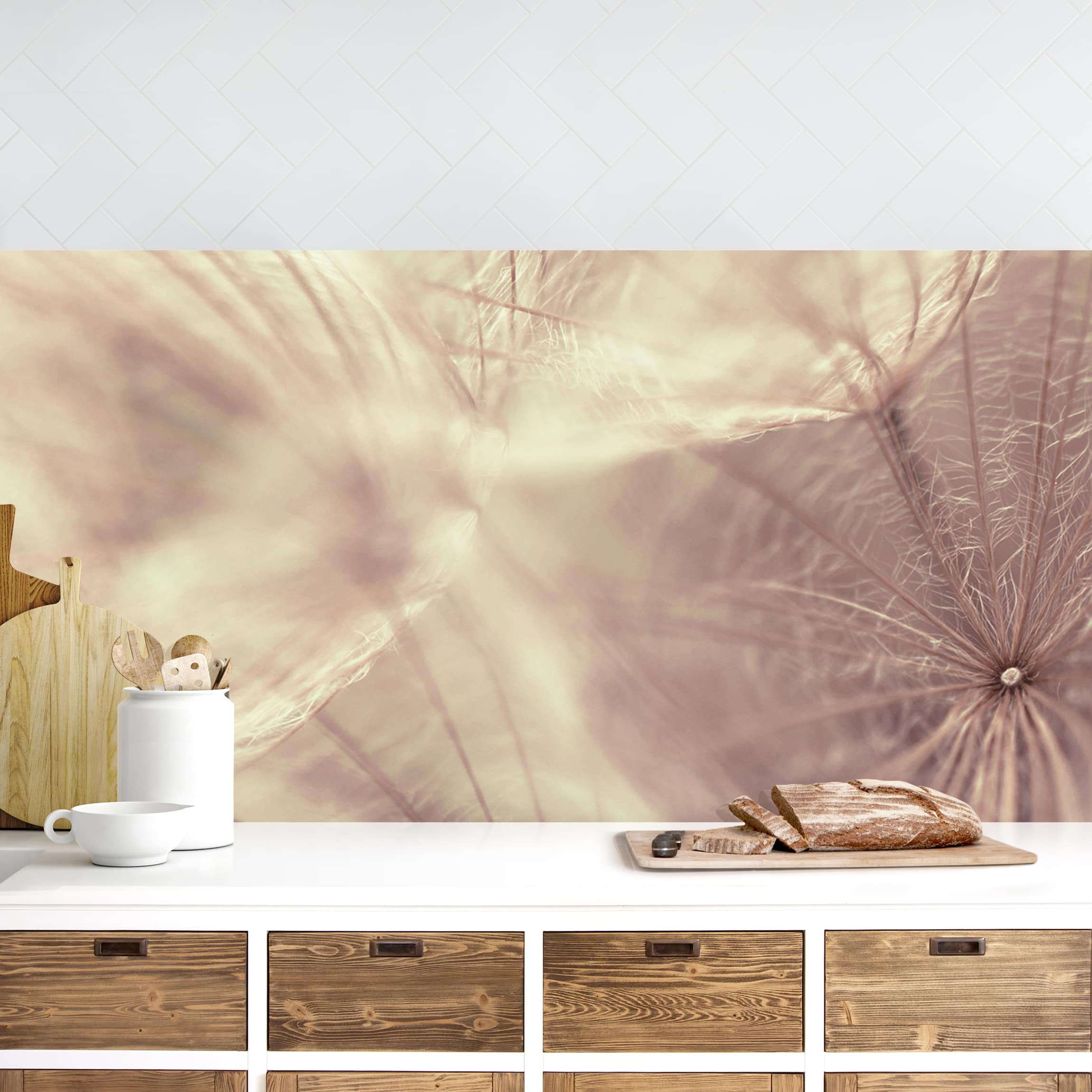 Küchenrückwand Detailreiche Pusteblumen Makroaufnahme mit Vintage Blur Effekt