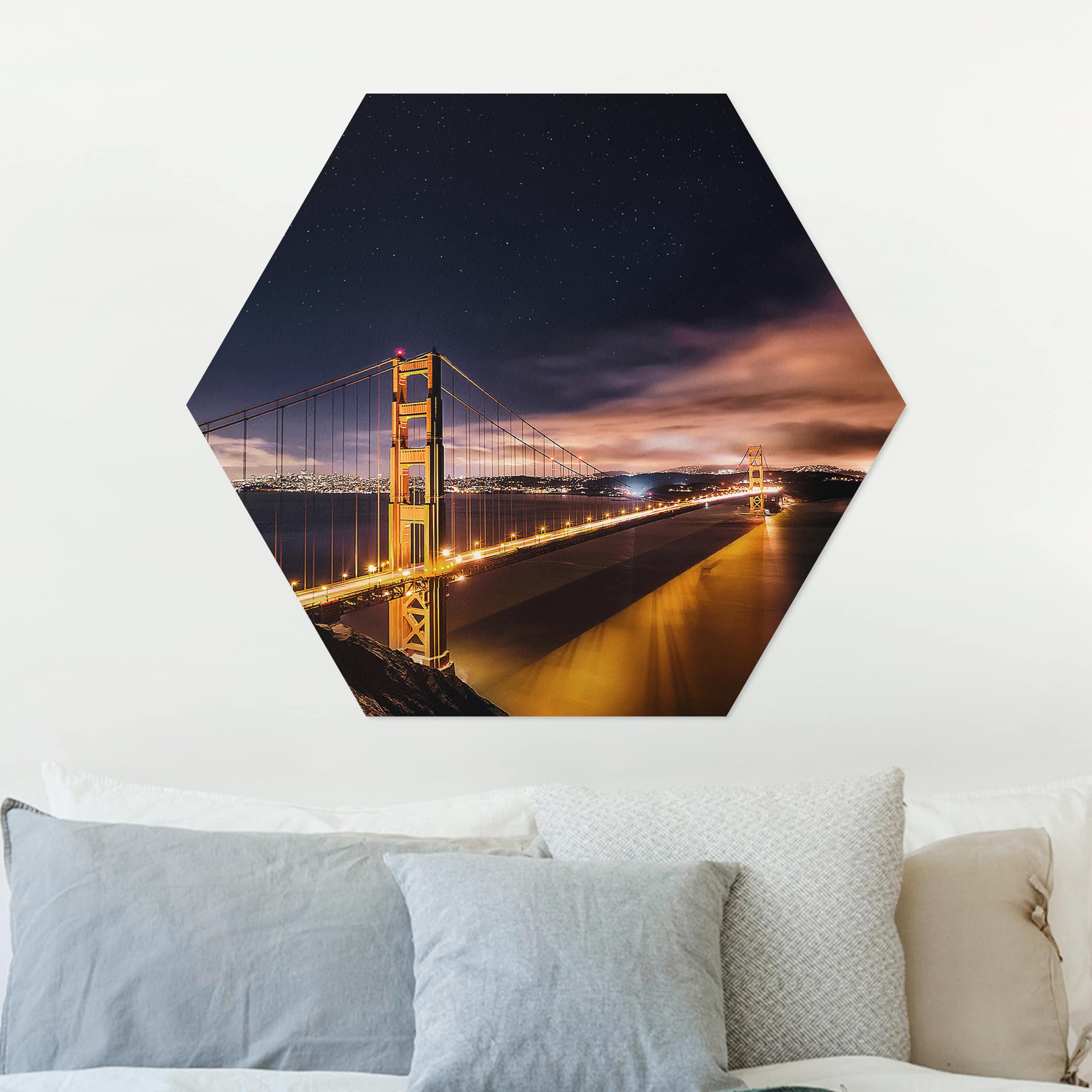 Hexagon-Alu-Dibond Bild Golden Gate to Stars