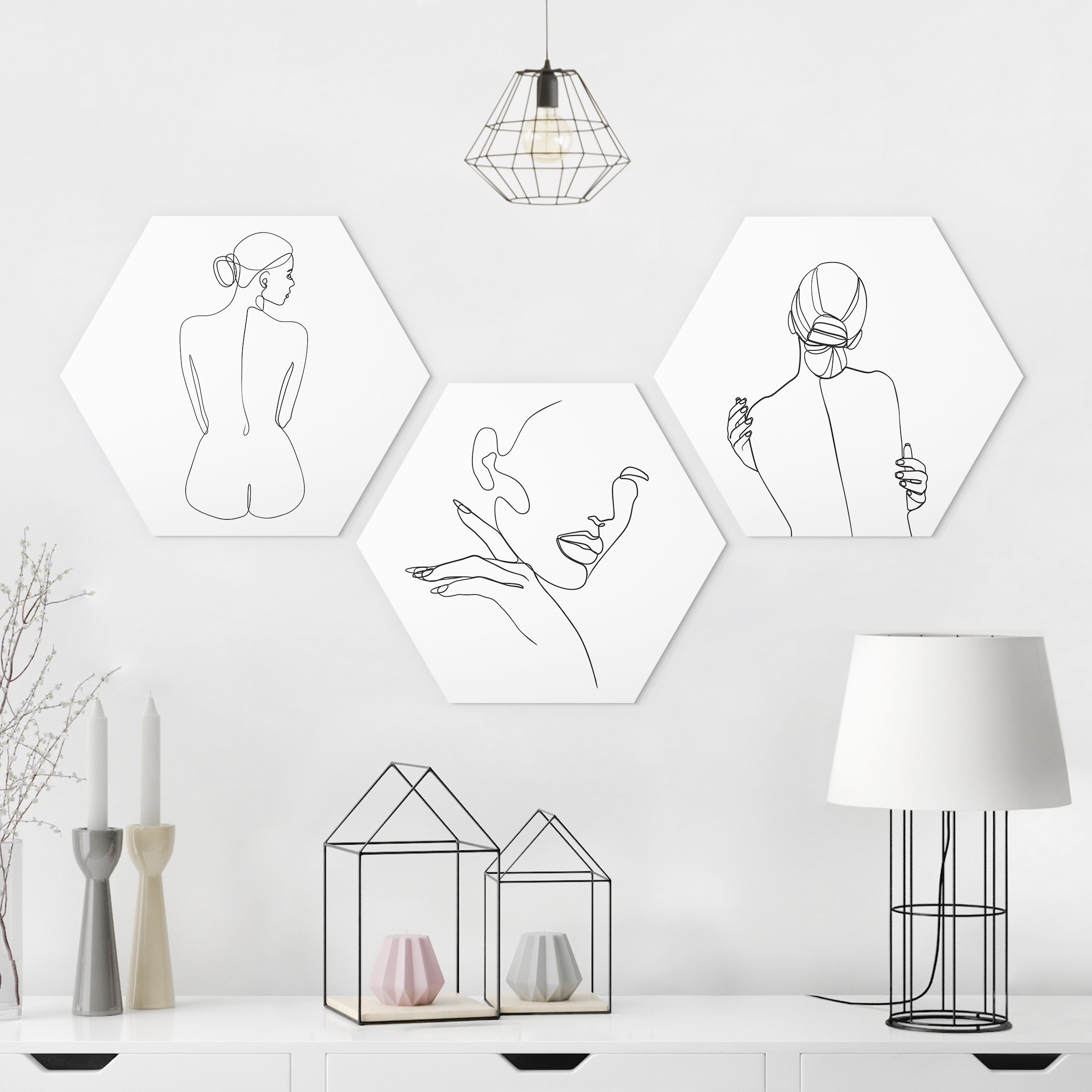 3-teiliges Hexagon-Alu-Dibond Bild Line Art Frauen Akt Schwarz Weiß Set