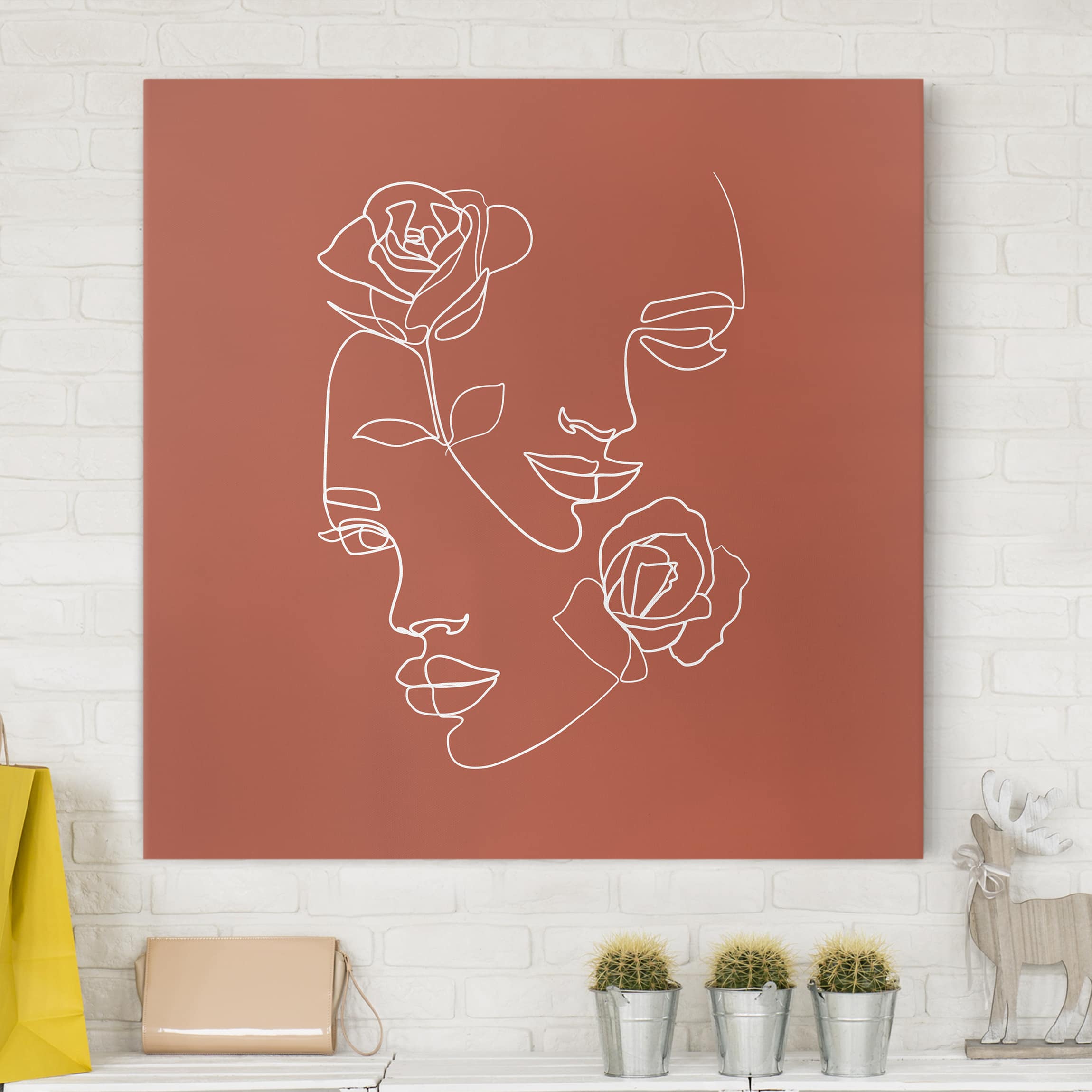 Leinwandbild - Quadrat Line Art Gesichter Frauen Rosen Kupfer