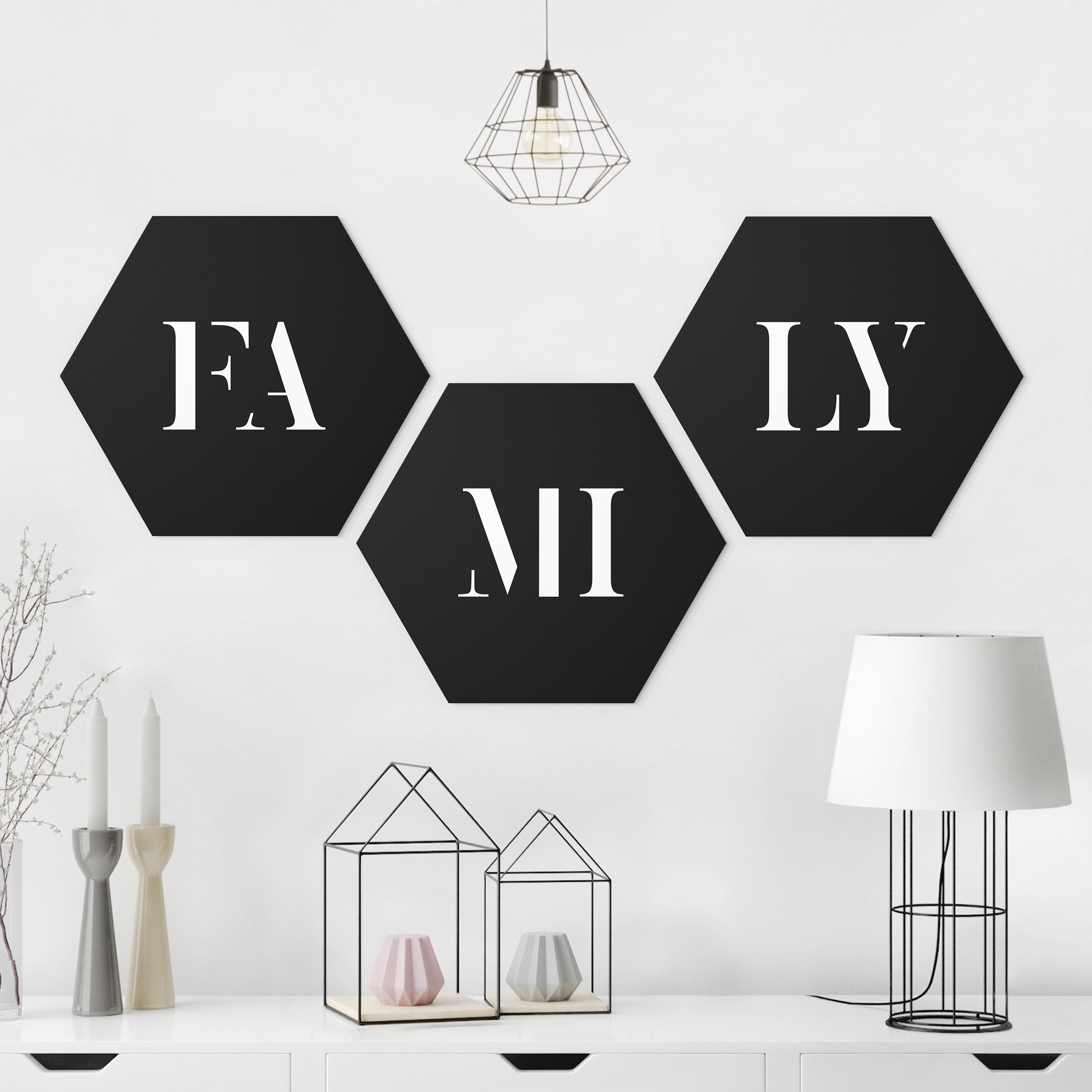 3-teiliges Hexagon-Alu-Dibond Bild Buchstaben FAMILY Weiß Set I