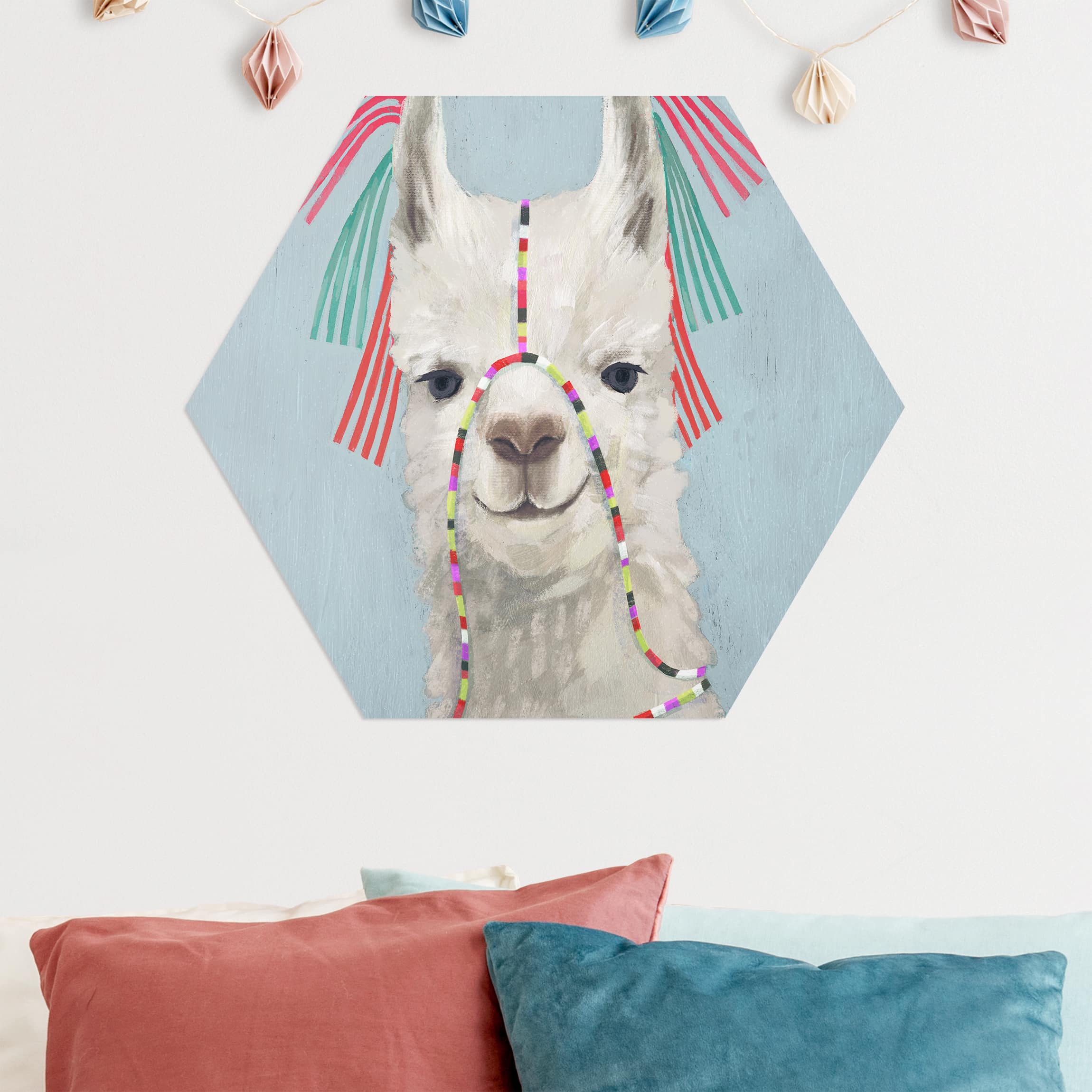 Hexagon-Alu-Dibond Bild Lama mit Schmuck II