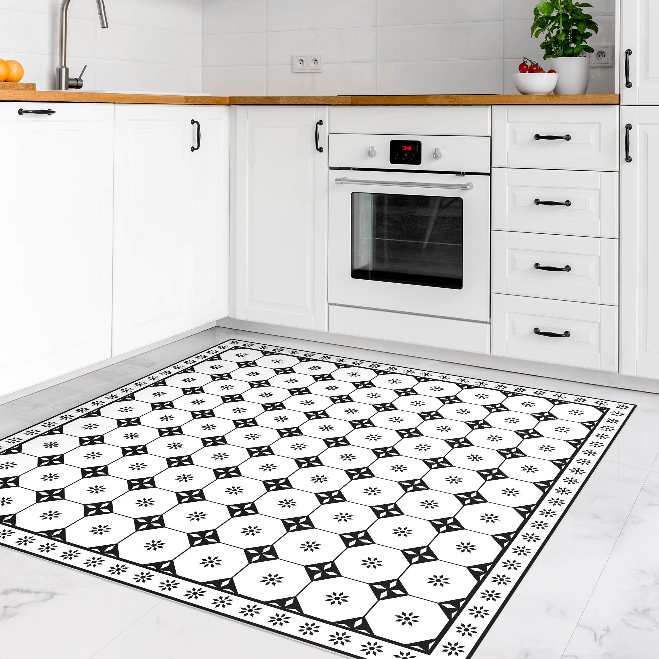Vinylteppich Geometrische Fliesen Landhaus Schwarz Weiß mit Bordüre