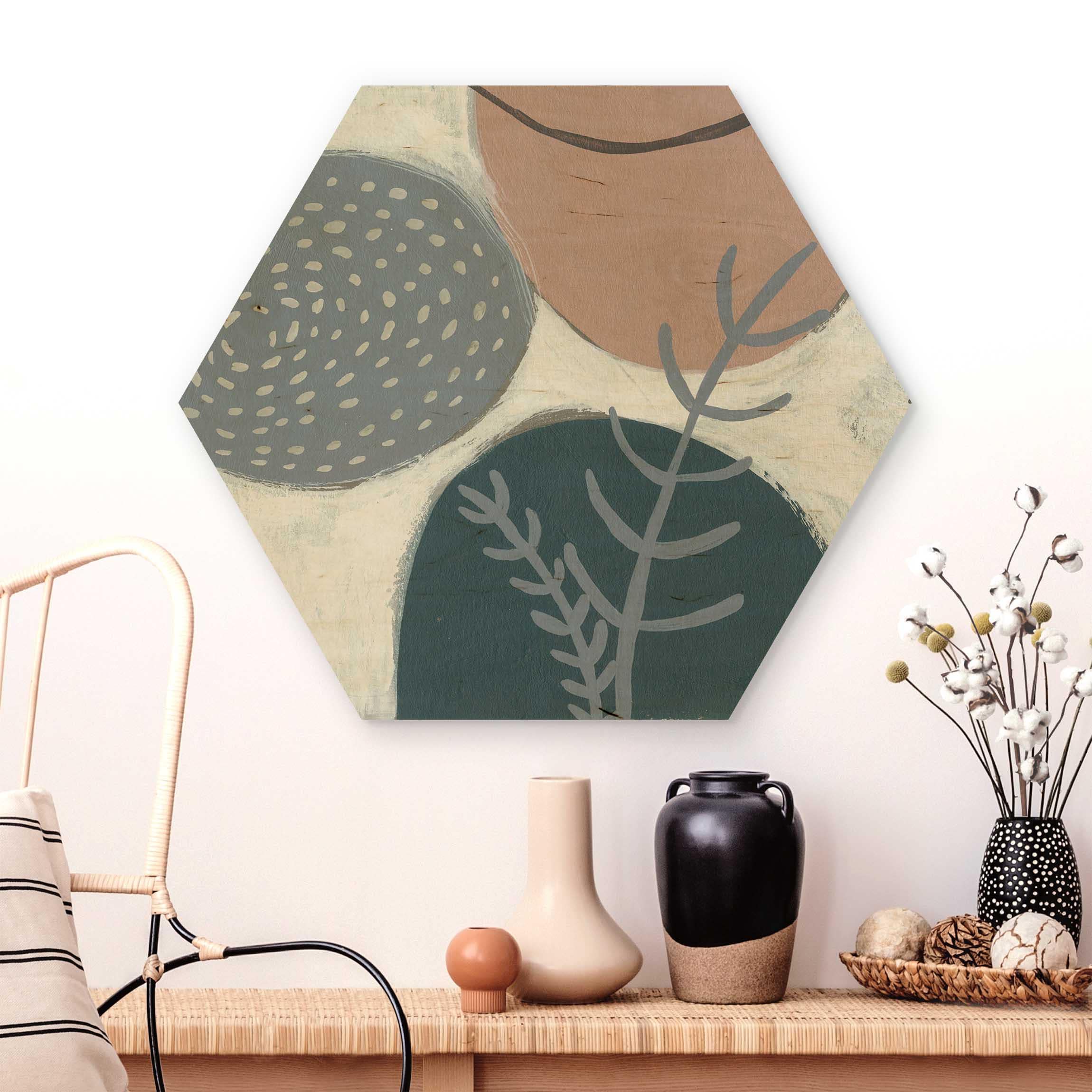 Hexagon-Holzbild Karneval der Formen in Petrol II