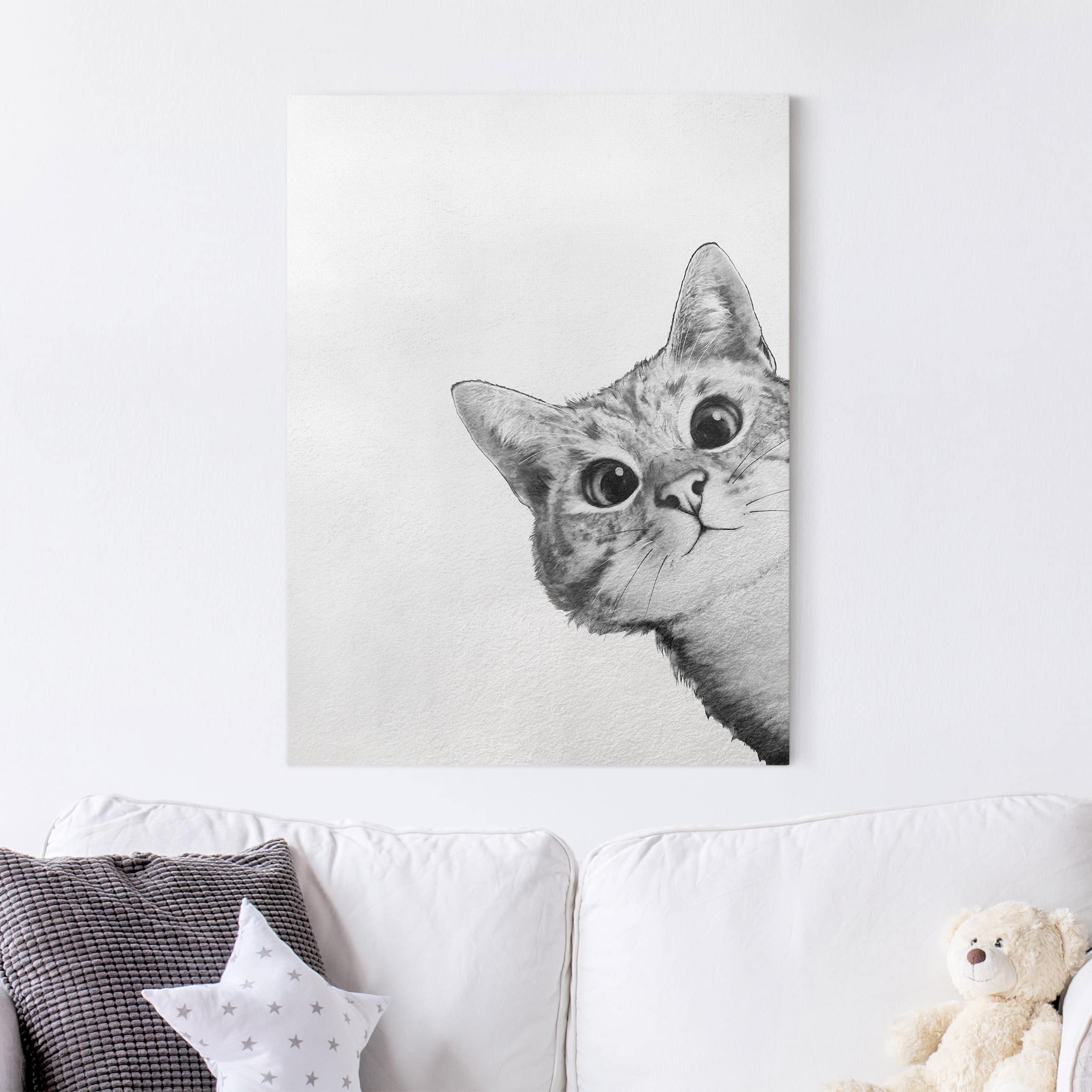 Leinwandbild - Hochformat Illustration Katze Zeichnung Schwarz Weiß