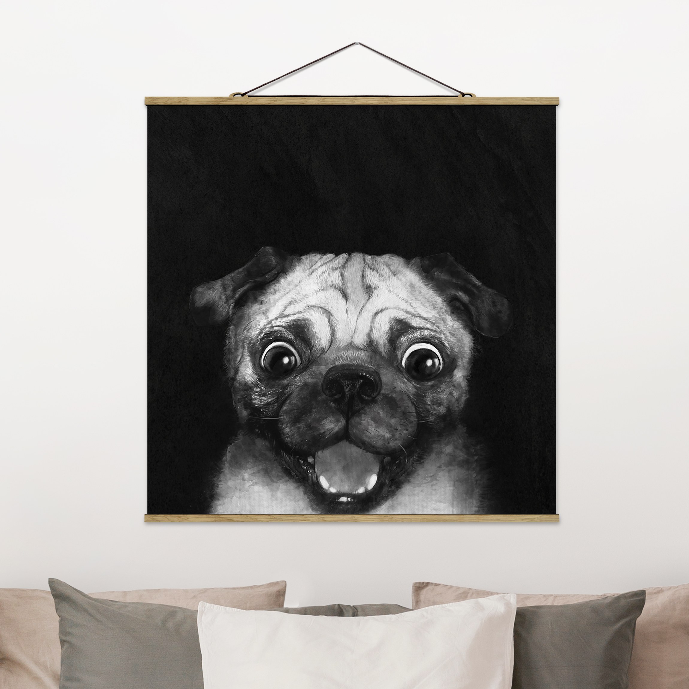 Stoffbild - Quadrat Illustration Hund Mops Malerei auf Schwarz Weiß