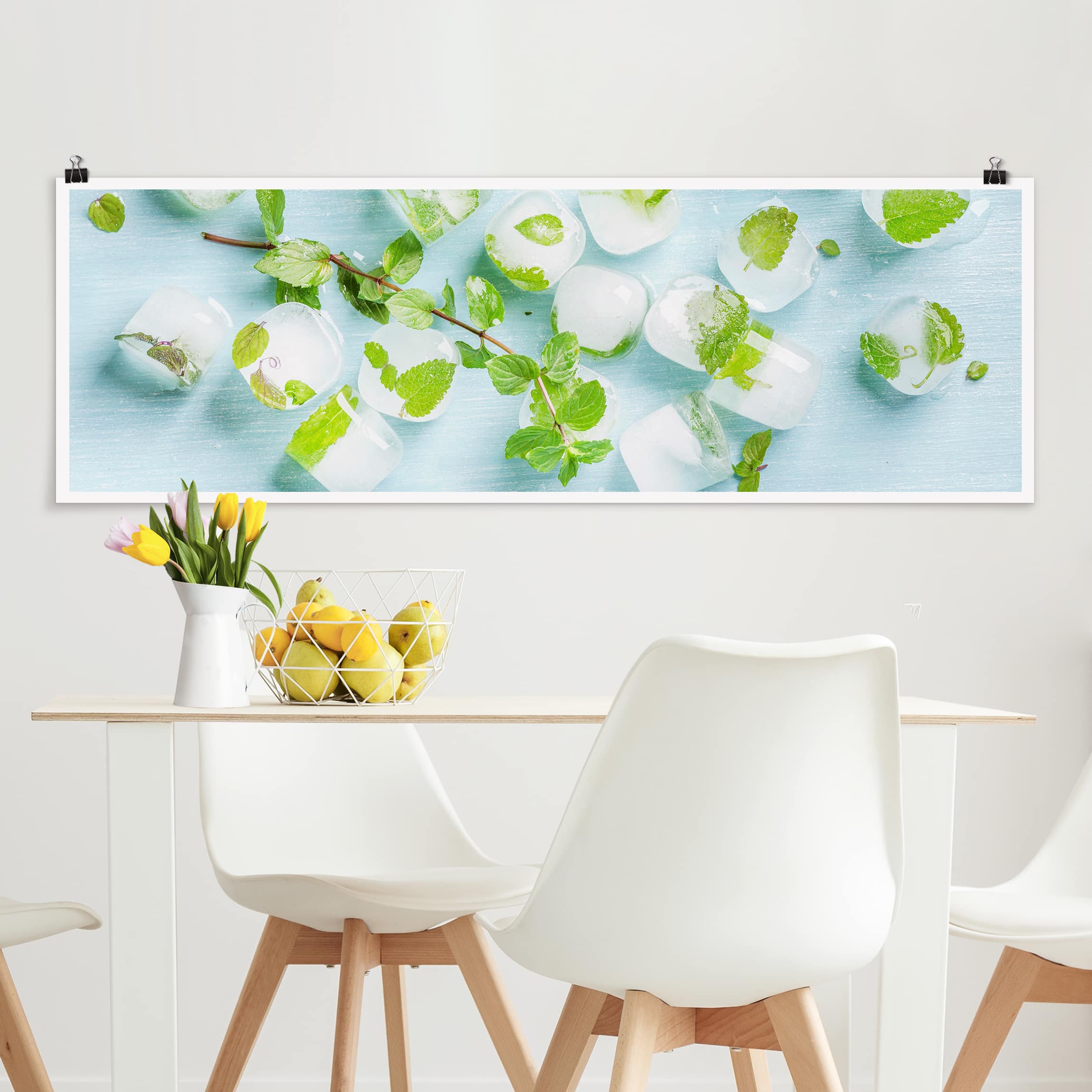 Panorama Poster Küche Eiswürfel mit Minzblättern