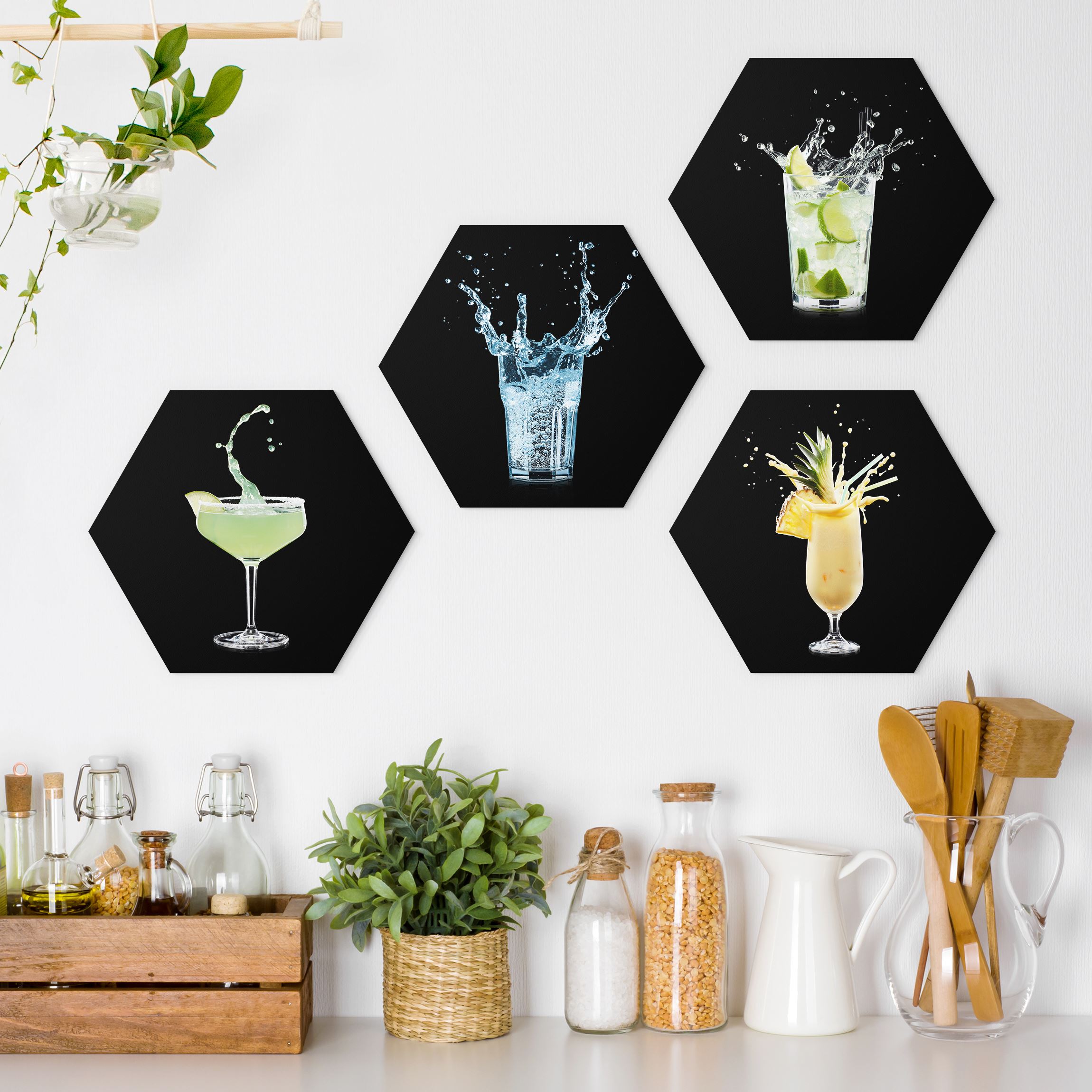 4-teiliges Hexagon-Alu-Dibond Bild Cocktail Splash Schwarz