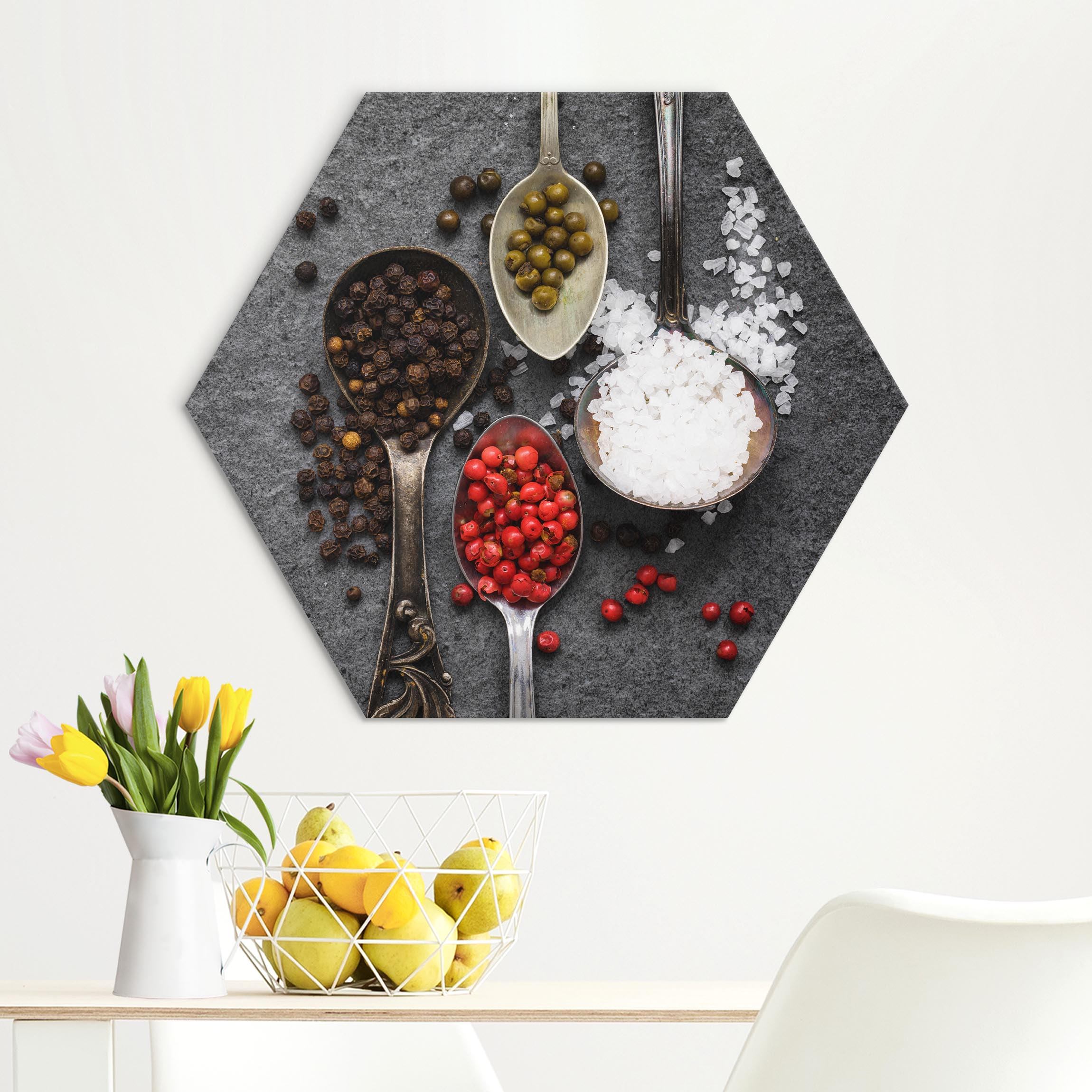 Hexagon-Alu-Dibond Bild Gewürze in Antiklöffeln
